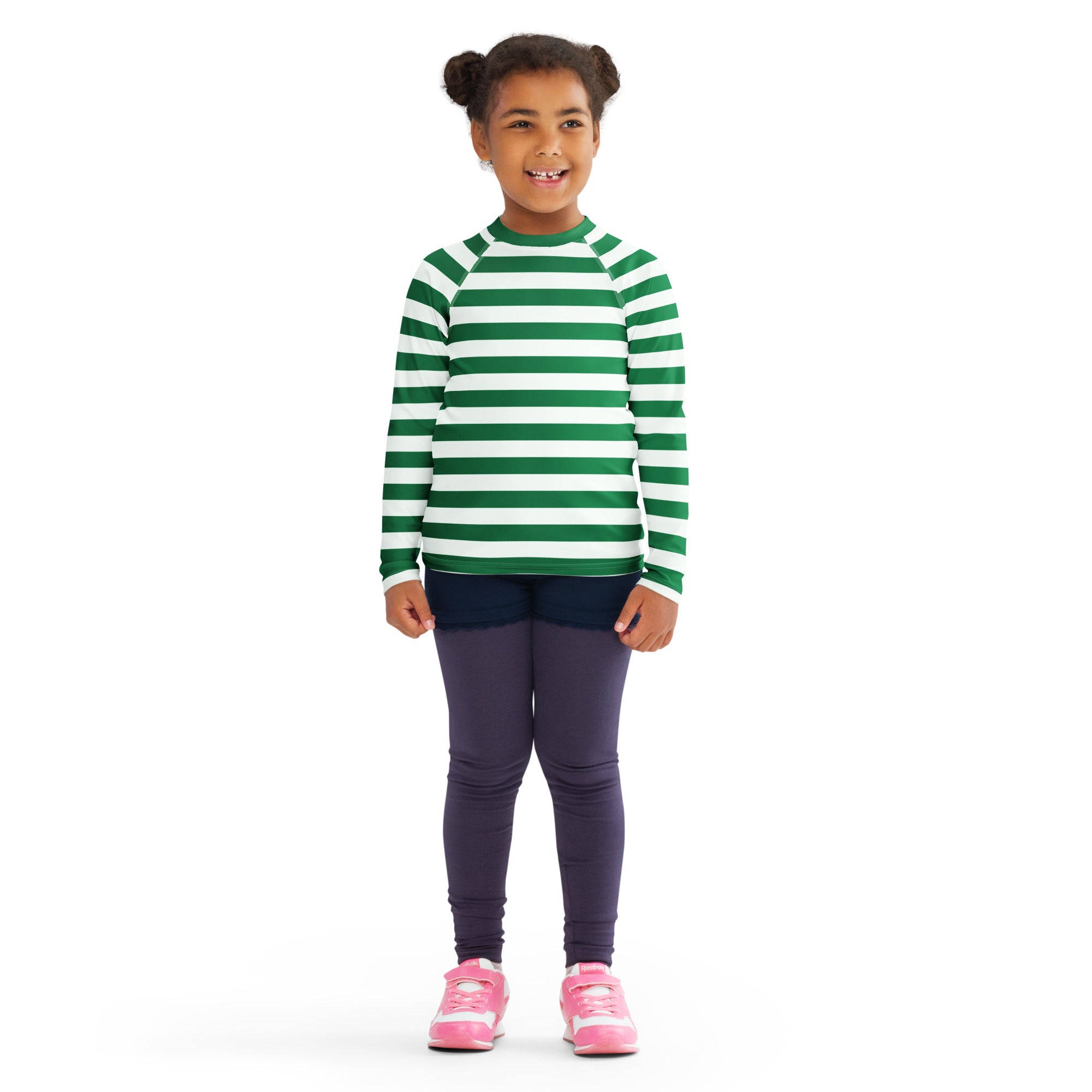 Kids green and white striped long sleeve rash guard swim shirt with raglan sleeves and upf 50 plus protection