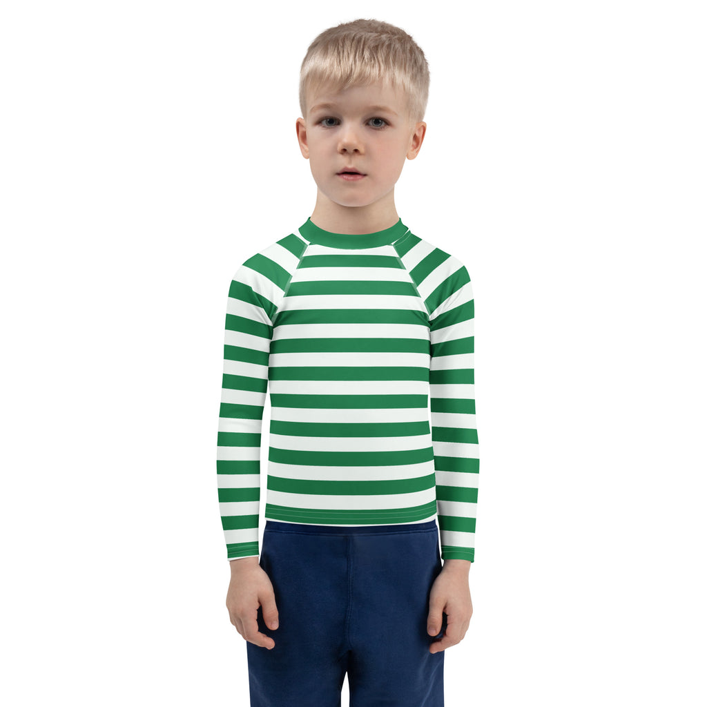 Kids green and white striped long sleeve rash guard swim shirt with upf 50 plus for sun protection