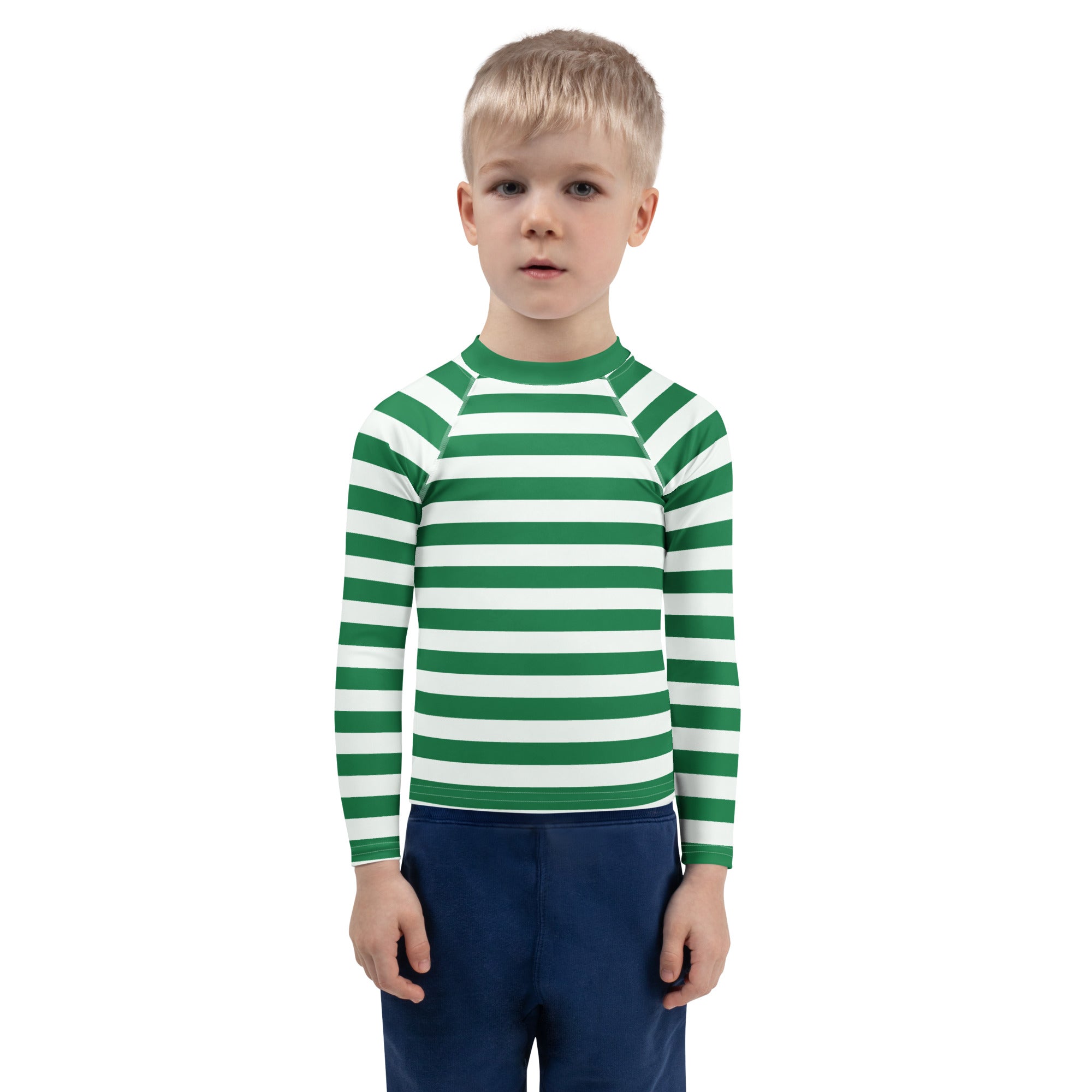 Kids green and white striped long sleeve rash guard swim shirt with upf 50 plus for sun protection