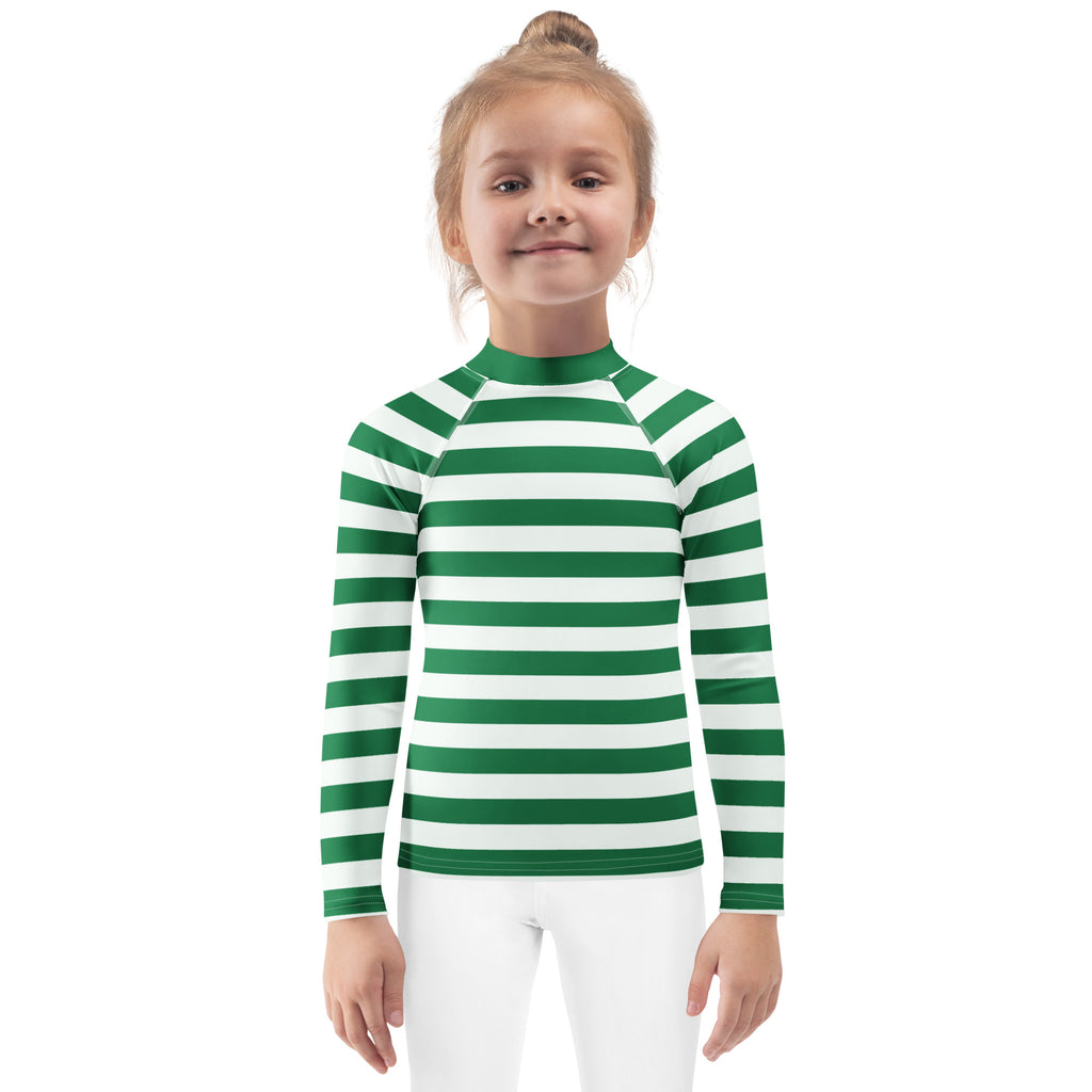 Kids green and white striped long sleeve rash guard swim shirt with upf 50 plus for sun protection and swimming