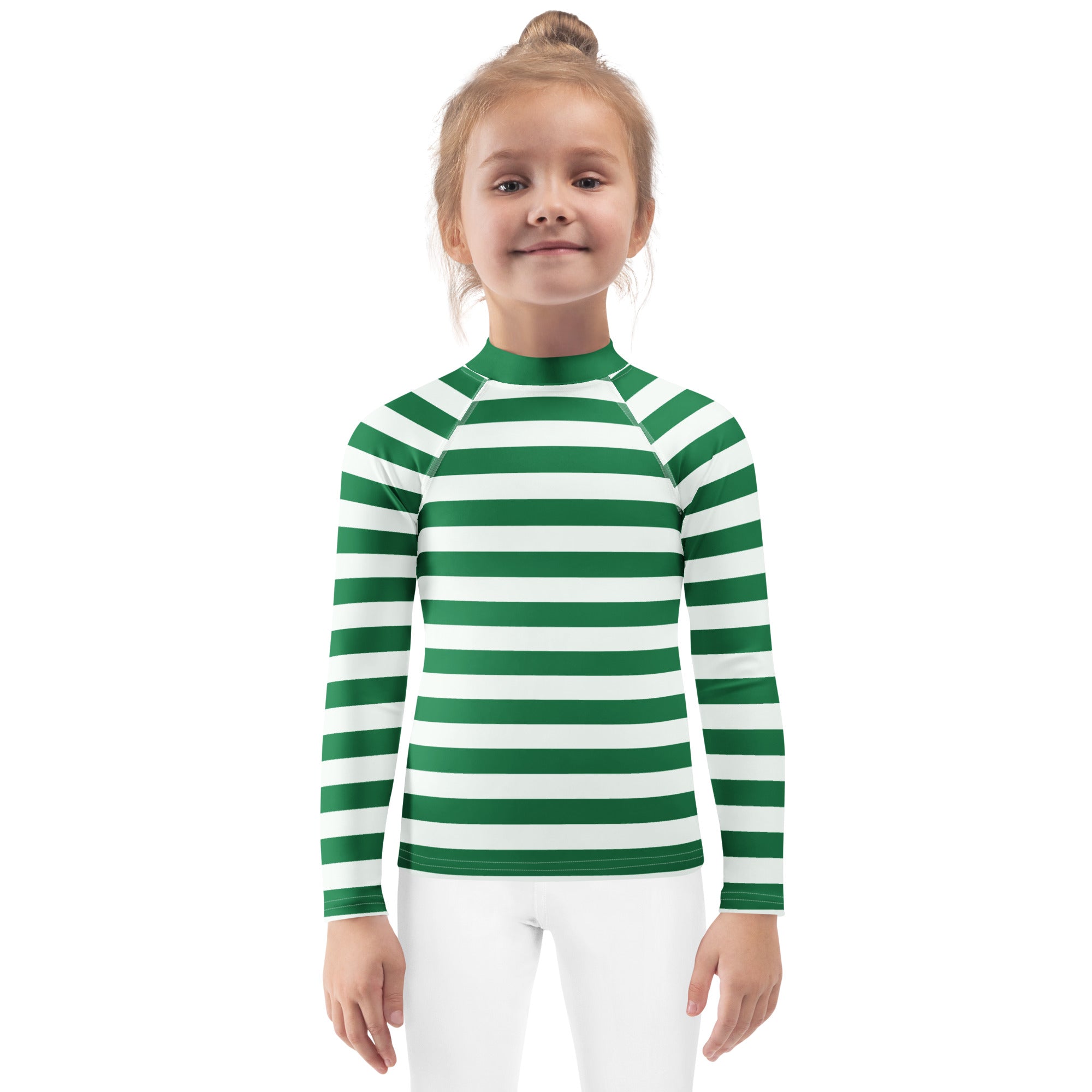 Kids green and white striped long sleeve rash guard swim shirt with upf 50 plus for sun protection and swimming