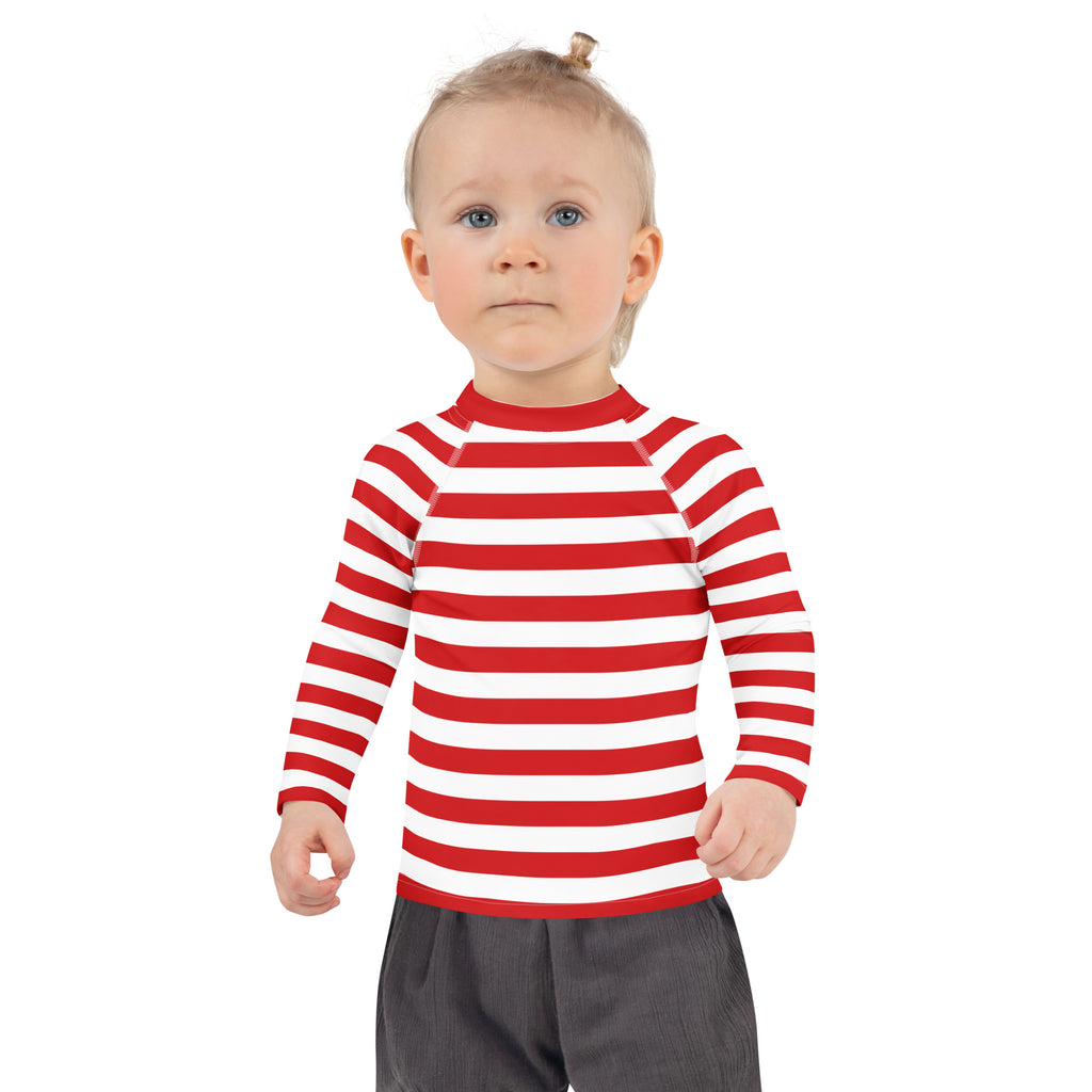 Kids red and white striped long sleeve rash guard with raglan sleeves and UPF 50 protection for swimming