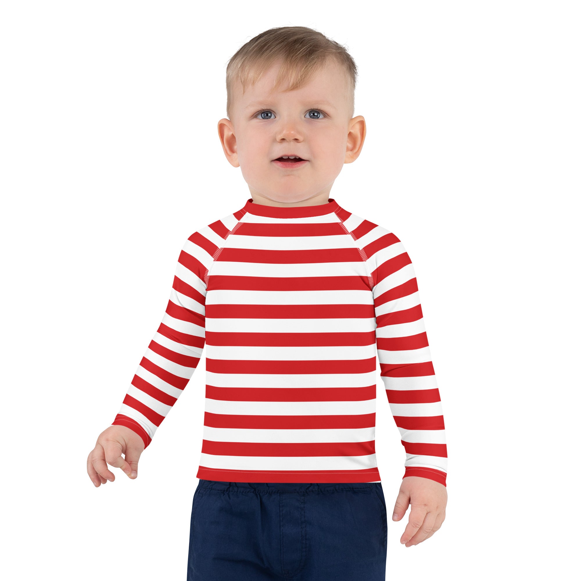 Kids red and white striped long sleeve rash guard swim shirt with upf 50 plus for sun protection
