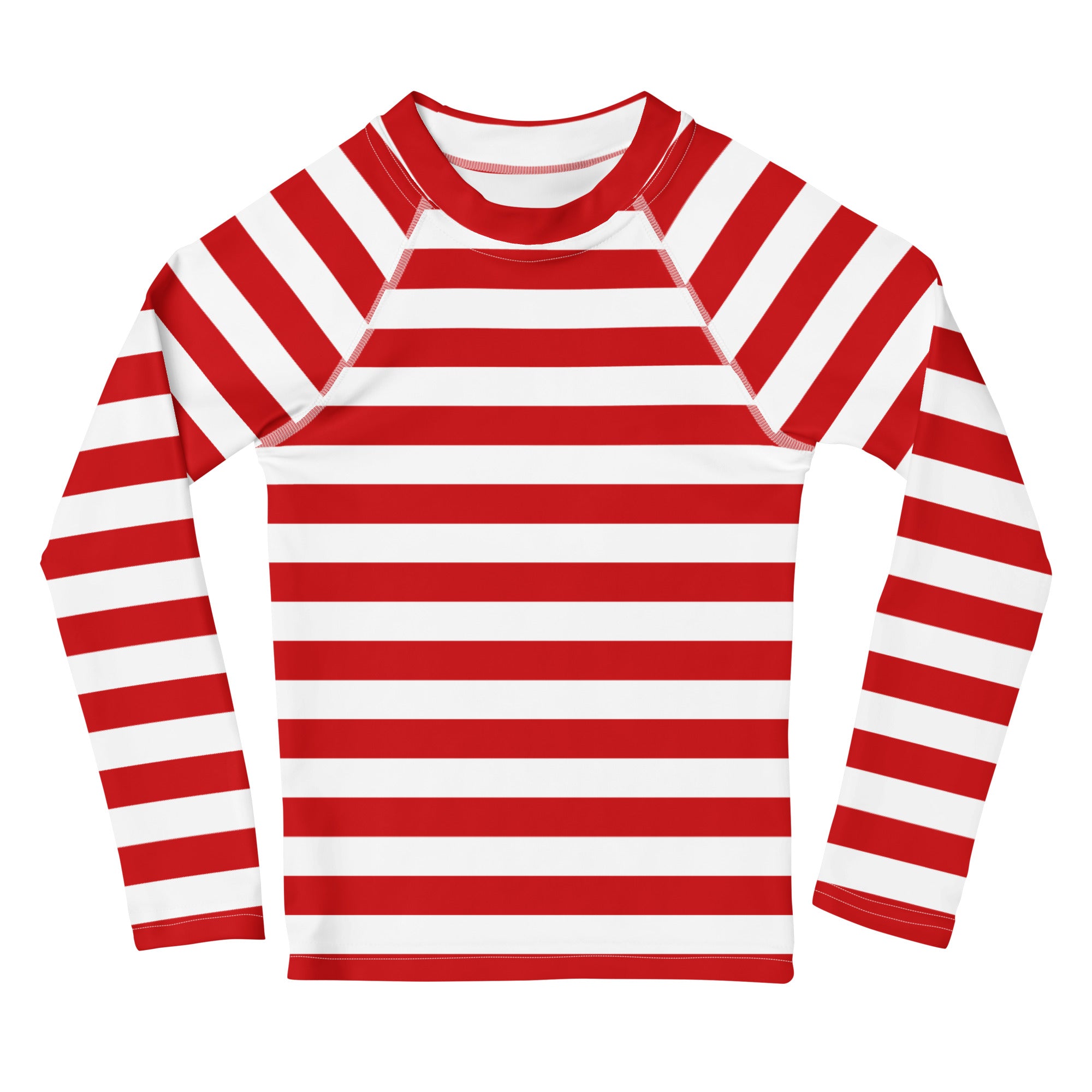 Kids red and white striped long sleeve rash guard swim shirt with raglan sleeves and upf 50 plus sun protection