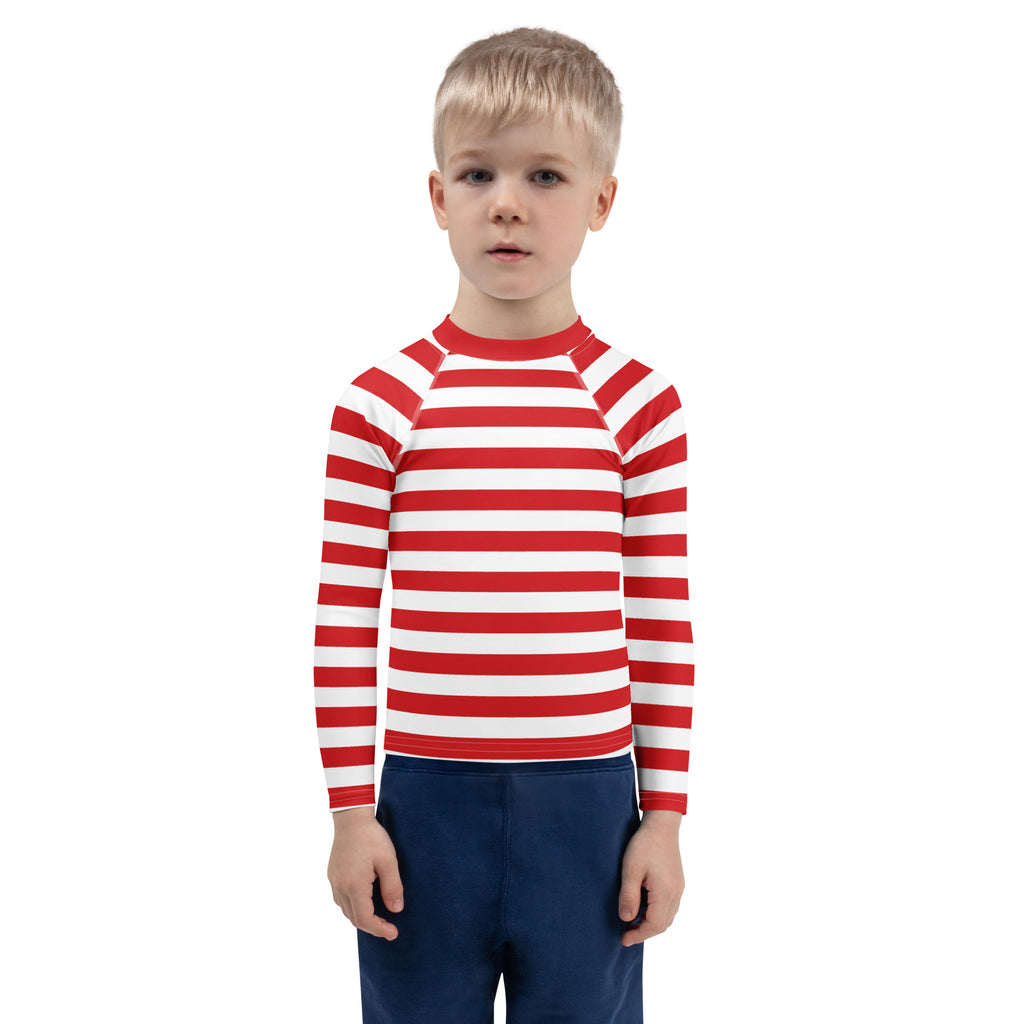 Kids red and white striped Christmas long sleeve rash guard swim shirt with raglan sleeves and UPF 50 plus protection
