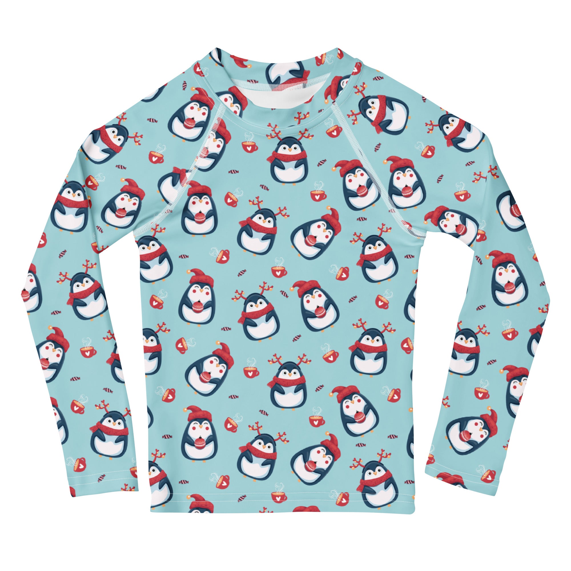 Kids reindeer penguin christmas long sleeve rash guard swim shirt in light blue with cartoon penguins and festive holiday elements