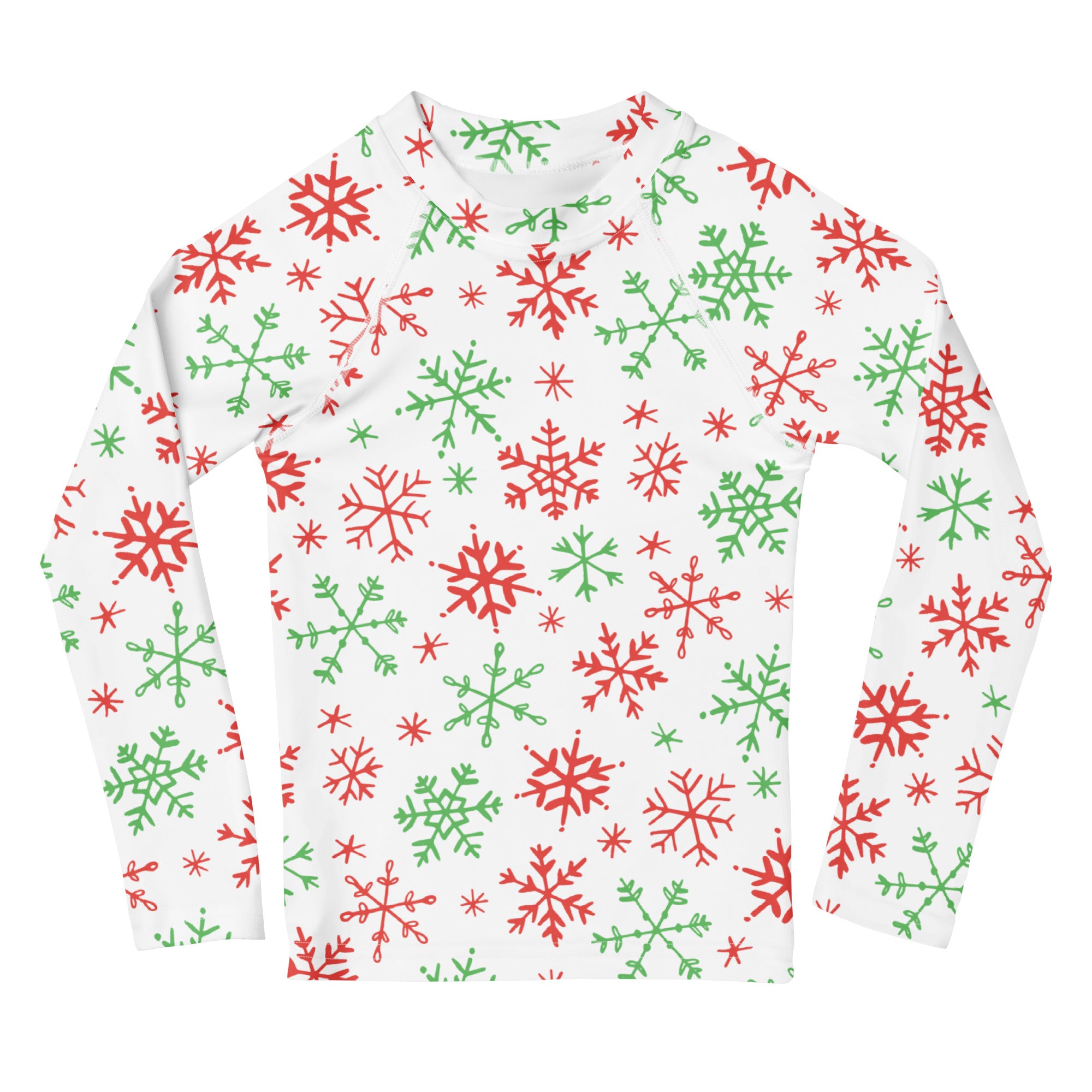 White long sleeve rash guard swim shirt with red and green snowflake festive pattern and upf 50 plus protection for kids