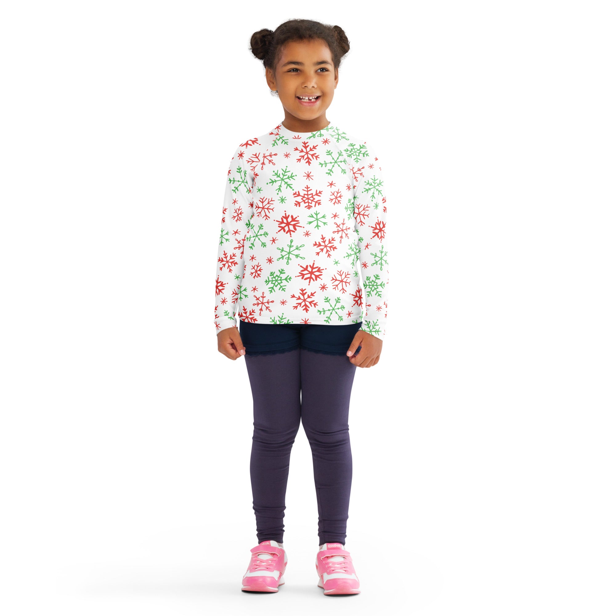 Kids red and green snowflakes christmas long sleeve rash guard swim shirt with upf 50 plus featuring festive pattern
