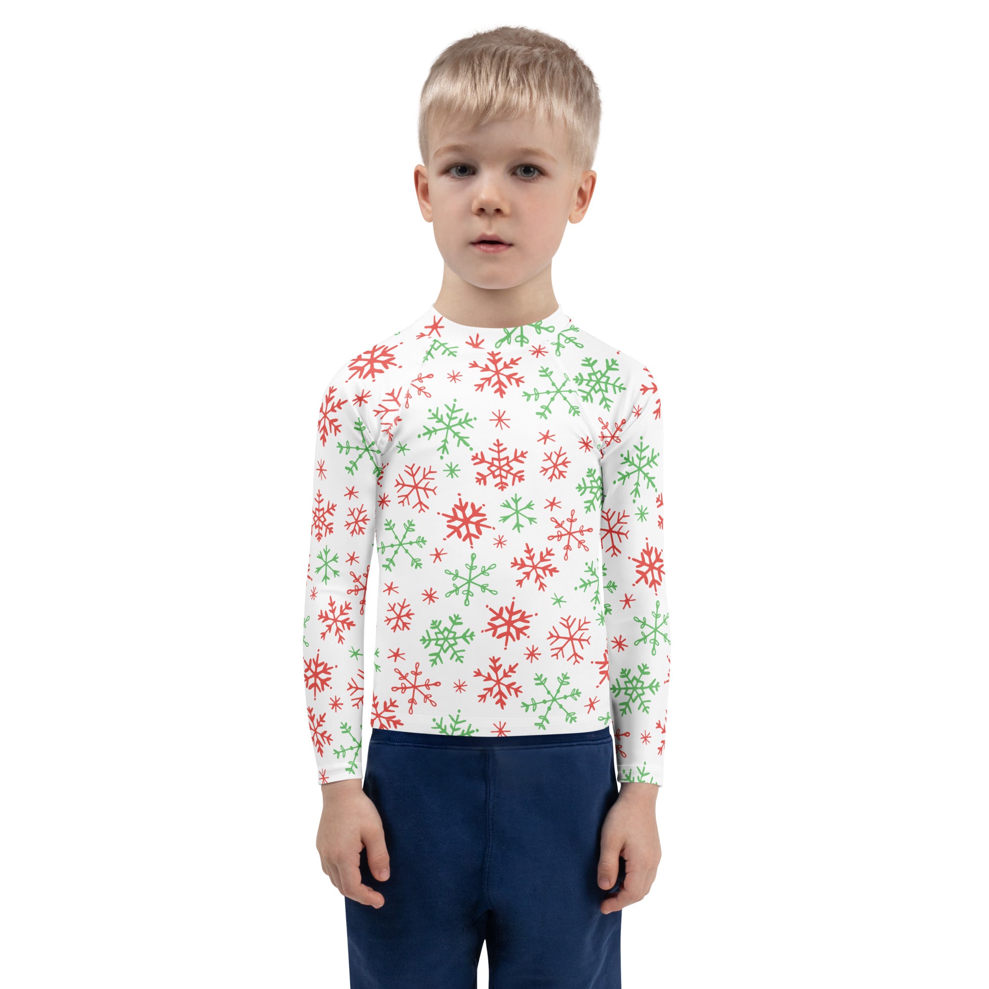 Kids red and green snowflakes christmas long sleeve rash guard swim shirt with upf 50 white with snowflake patterns