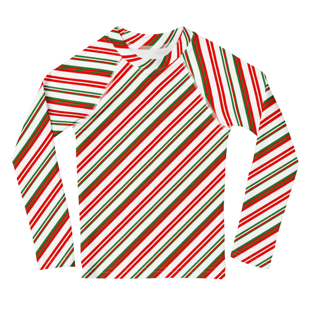 Kids candy cane stripe christmas long sleeve rash guard swim shirt with red green and white diagonal stripes and UPF 50+