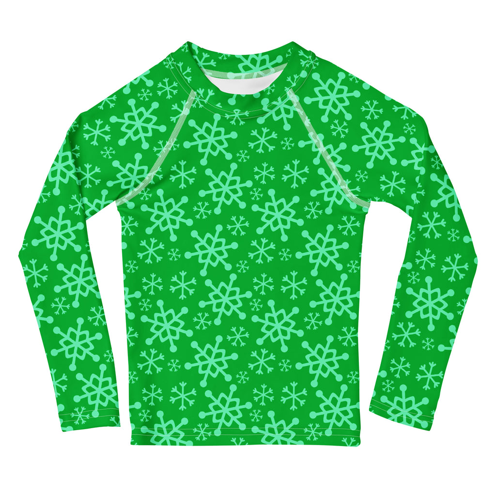 Kids green long sleeve rash guard with mint snowflake pattern uv protection 50 plus for swim and sun safety