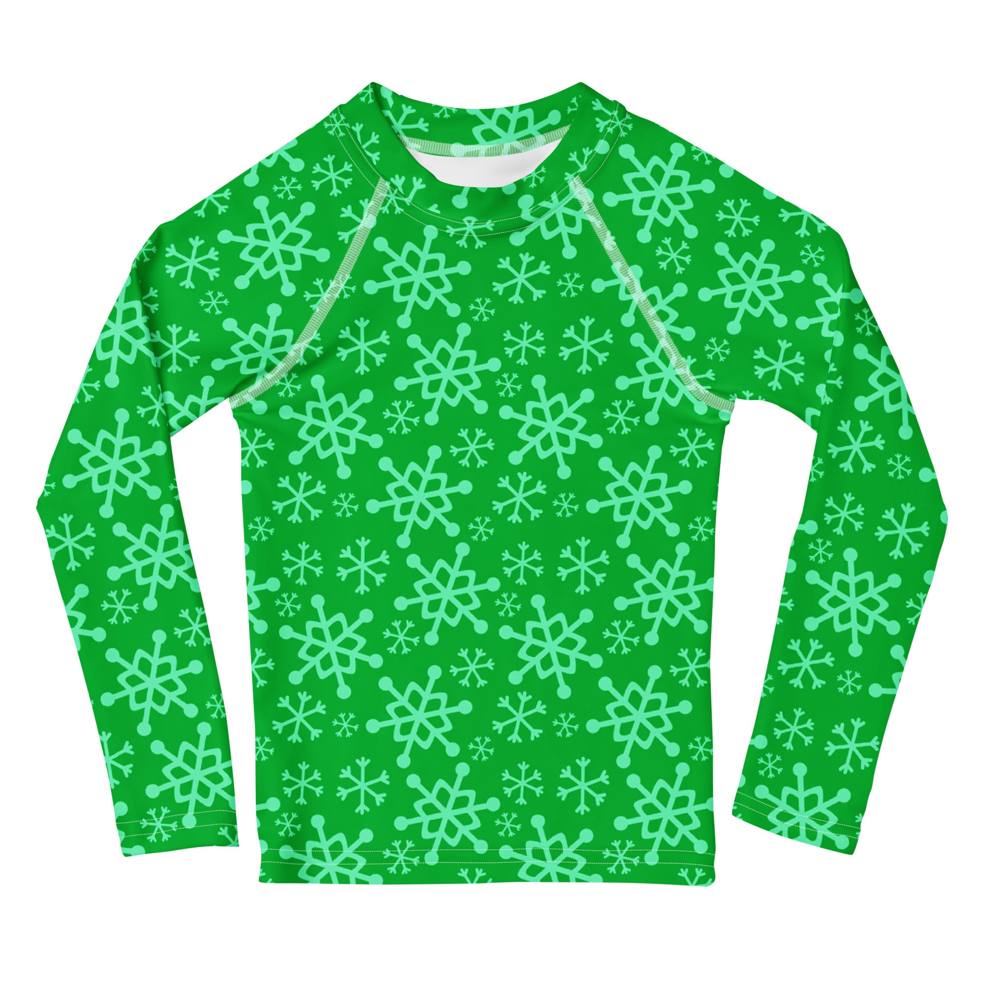 Kids green long sleeve rash guard with mint snowflake pattern uv protection 50 plus for swim and sun safety