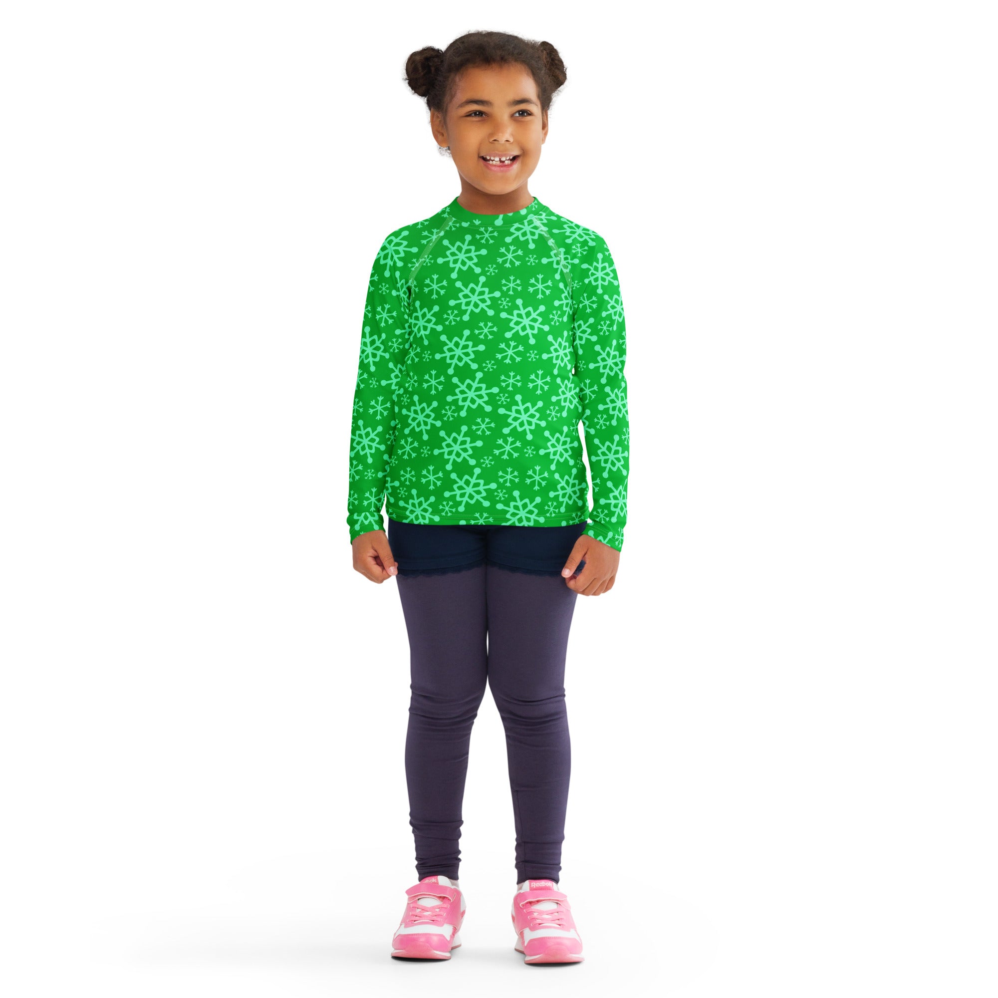 Kids green long sleeve rash guard swim shirt with light green snowflake pattern and upf 50 plus protection