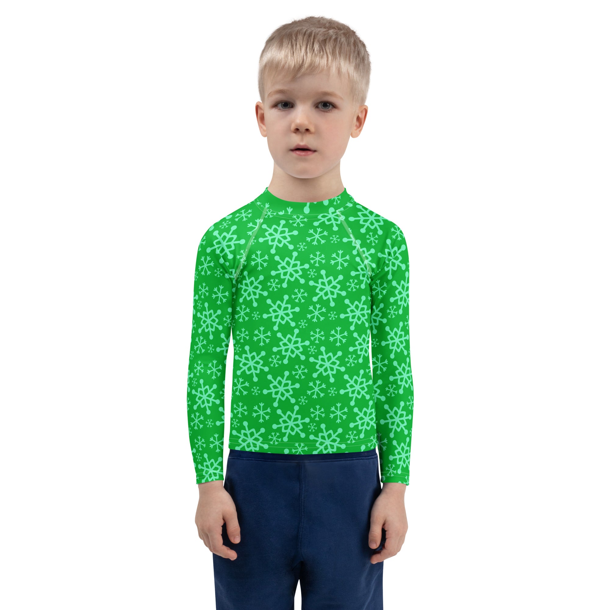 Kids green long sleeve rash guard swim shirt with mint snowflake pattern and UPF 50 plus sun protection