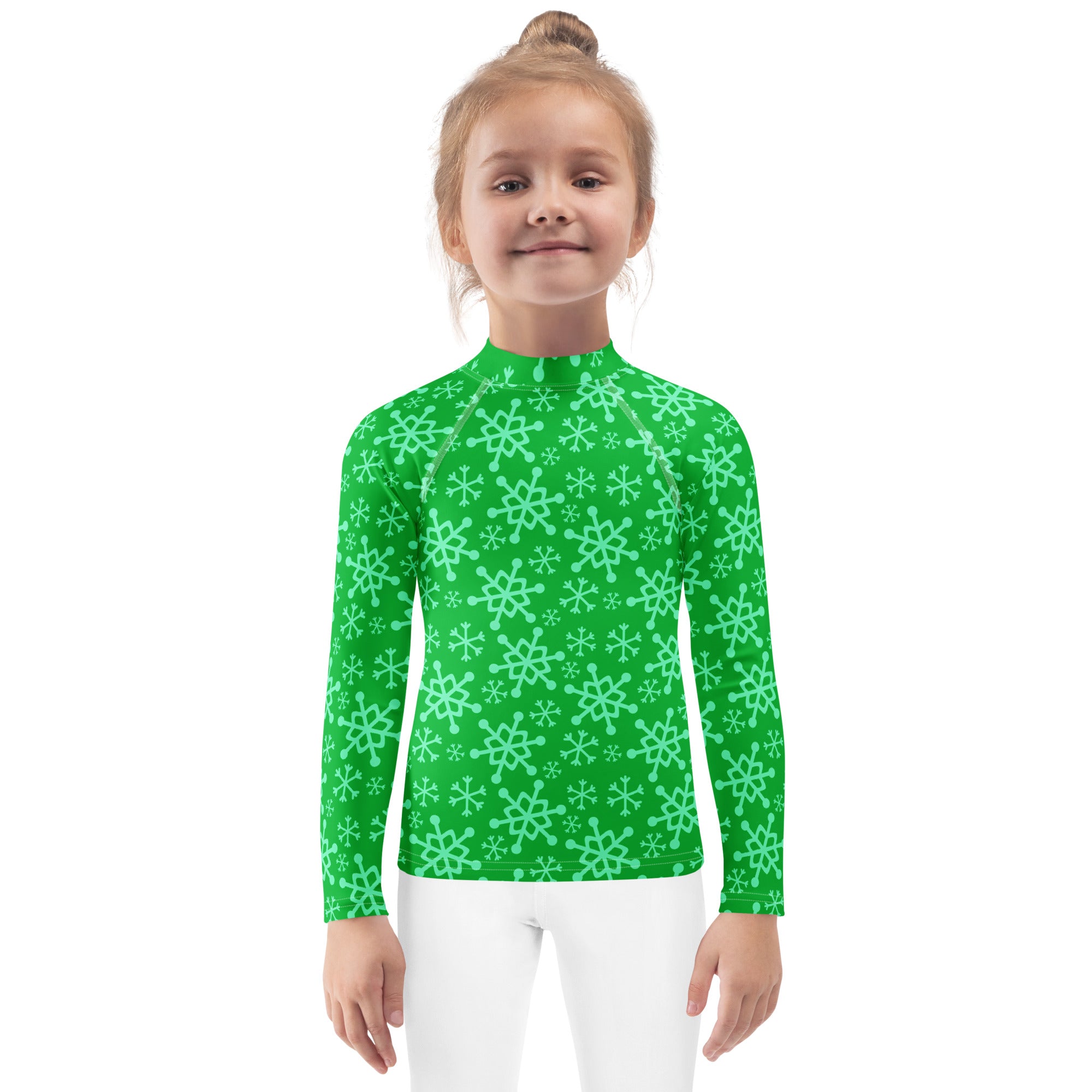 Kids green long sleeve rash guard with mint snowflake pattern swim shirt with UPF 50 plus sun protection