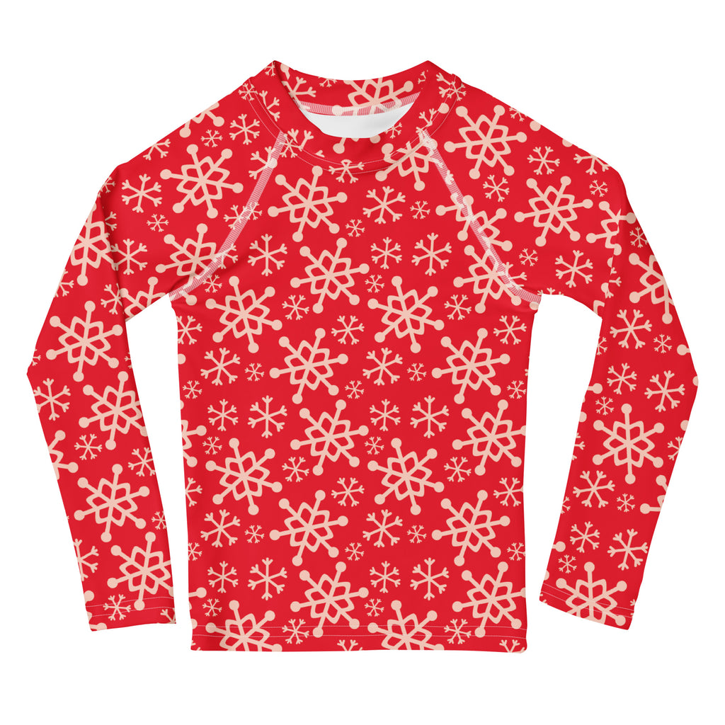 Kids red long sleeve rash guard swim shirt with cream snowflake pattern and UPF 50 plus for sun protection