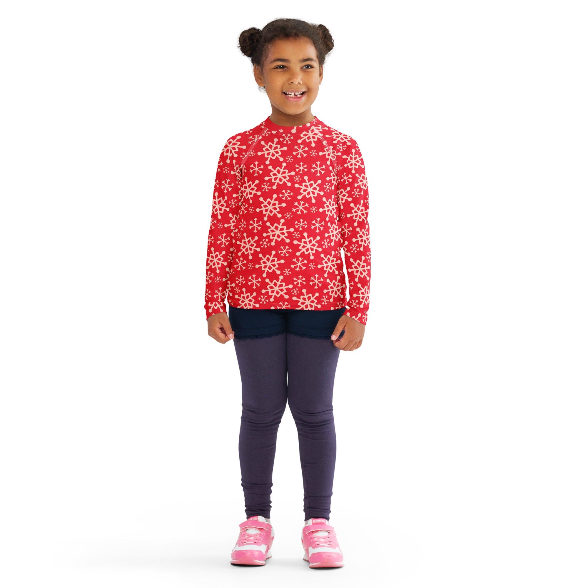 Kids red long sleeve rash guard swim shirt with white snowflake pattern and UPF 50 plus for sun protection