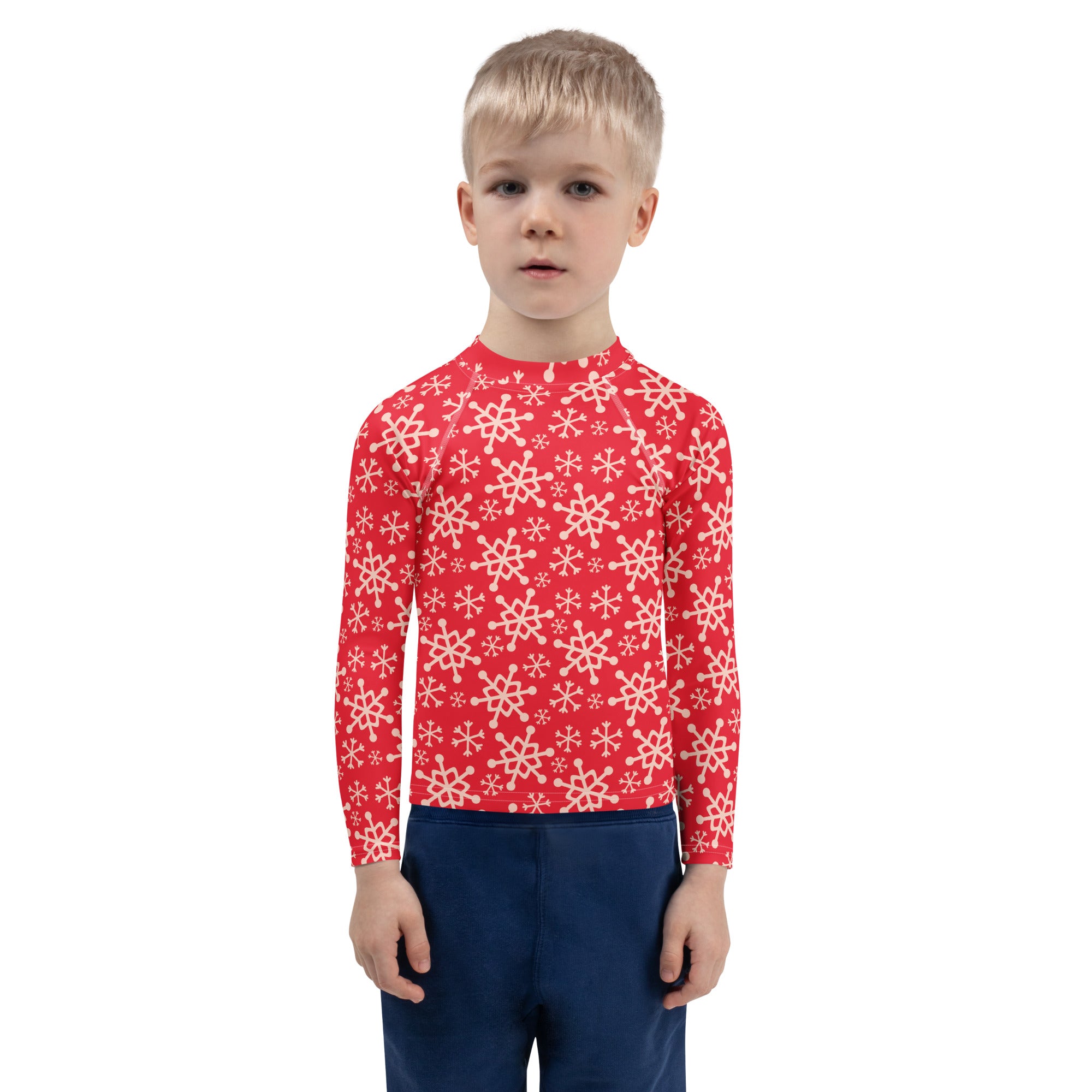 Kids red long sleeve rash guard swim shirt with white snowflake patterns and upf 50 plus sun protection