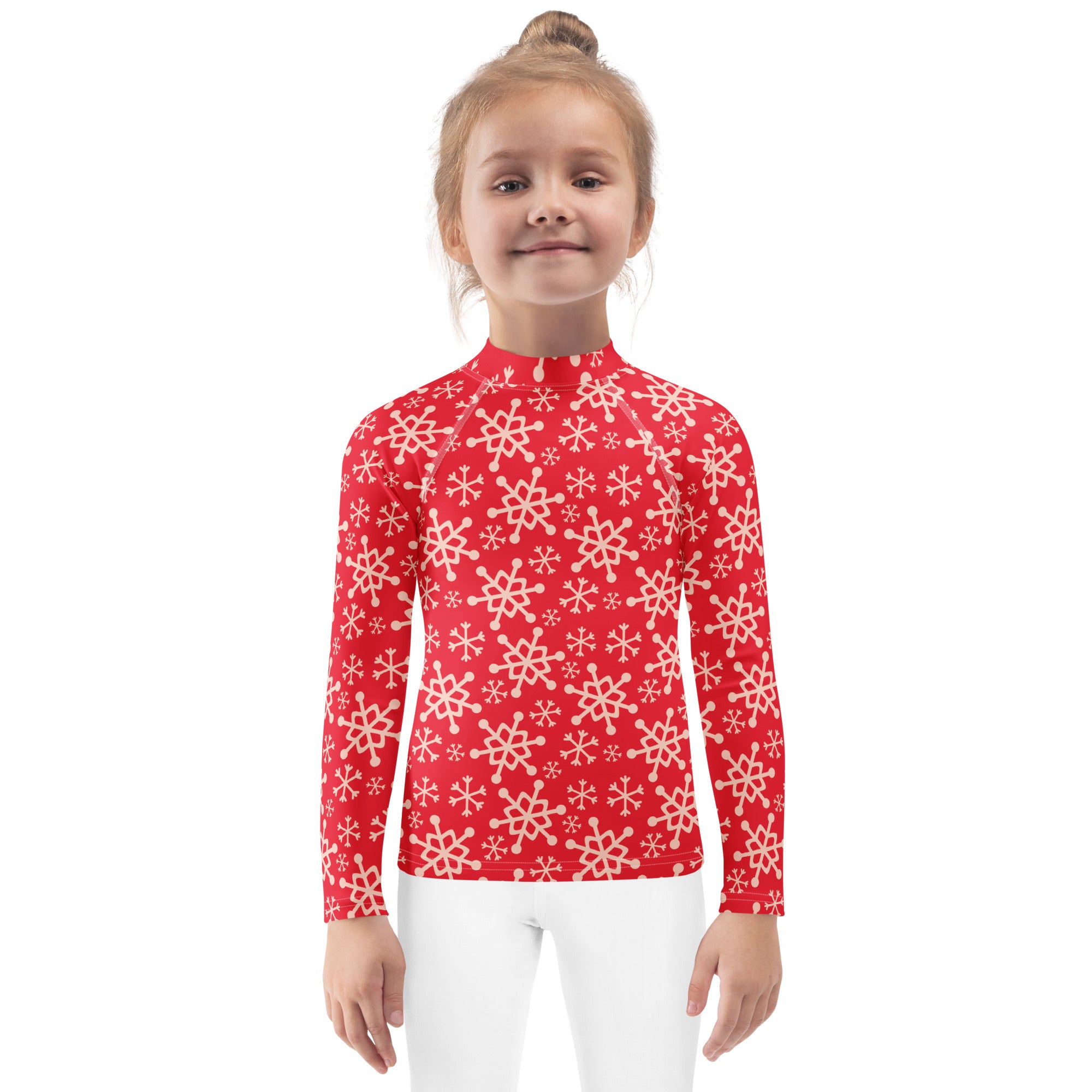 Kids red long sleeve rash guard with white snowflake pattern and upf 50 plus for christmas swim protection