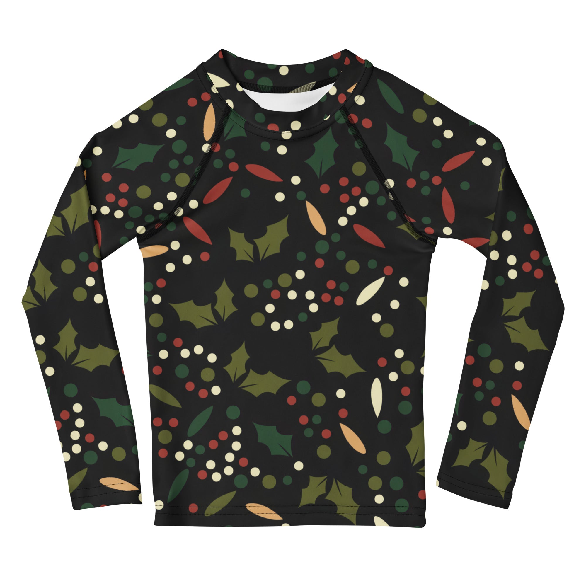 Black kids holly christmas long sleeve rash guard swim shirt with festive holly pattern and upf 50 plus protection