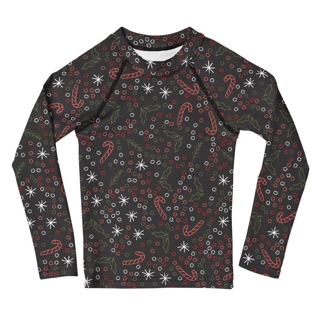 Black long sleeve kids rash guard with candy cane holly snowflake pattern and upf 50 plus for holiday swimwear