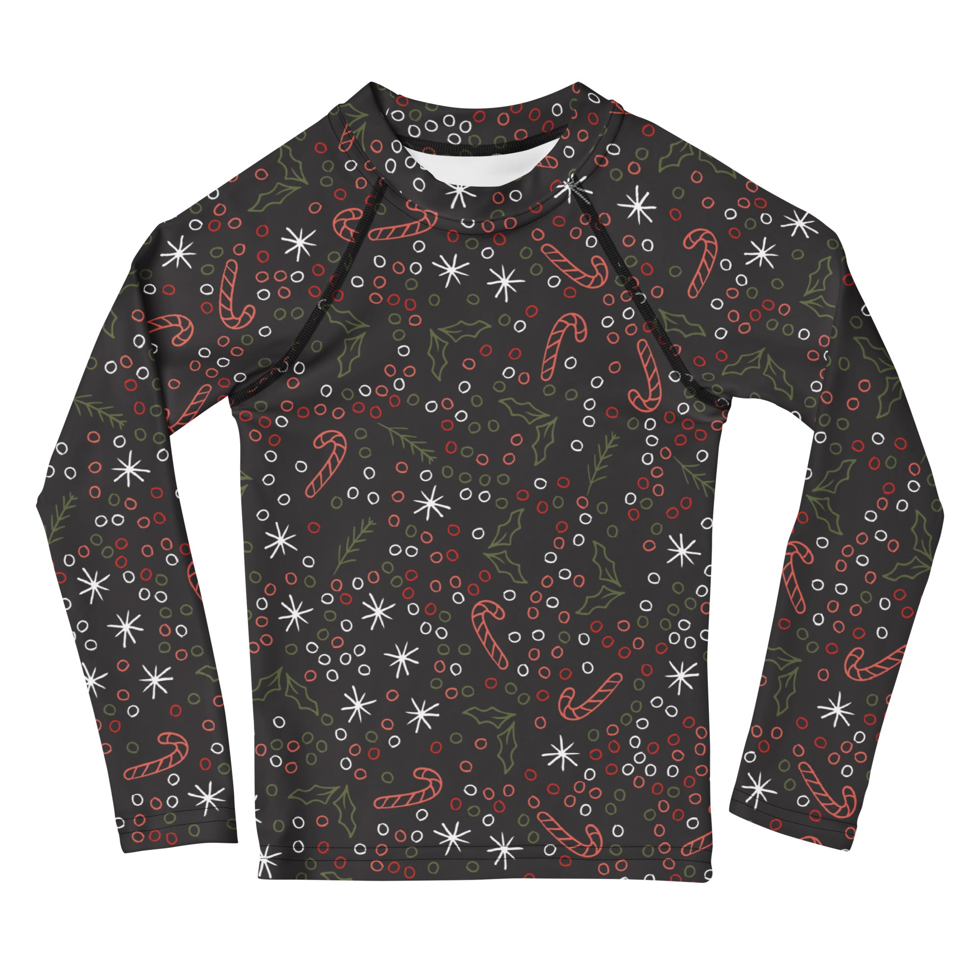 Black long sleeve kids rash guard with candy cane holly snowflake pattern and upf 50 plus for holiday swimwear