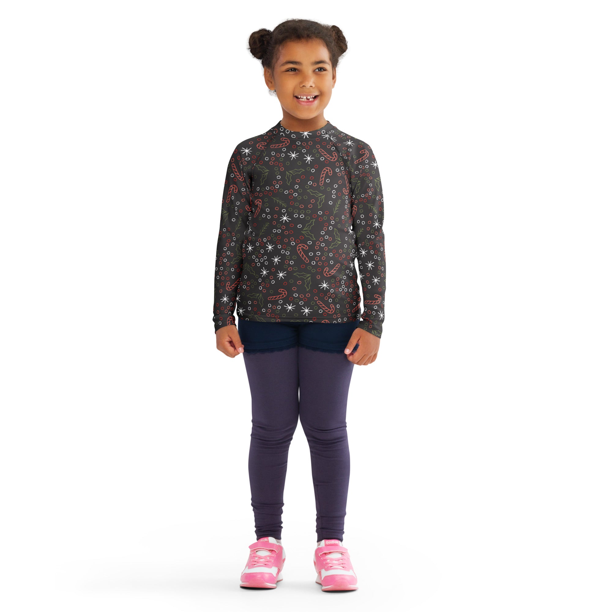 Dark gray kids long sleeve rash guard swim shirt with candy cane festive pattern and upf 50 plus sun protection