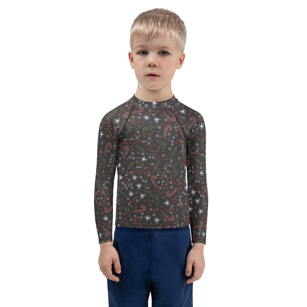 Dark gray kids long-sleeved rash guard with red candy canes white snowflakes green holly leaves upf 50+ swim shirt