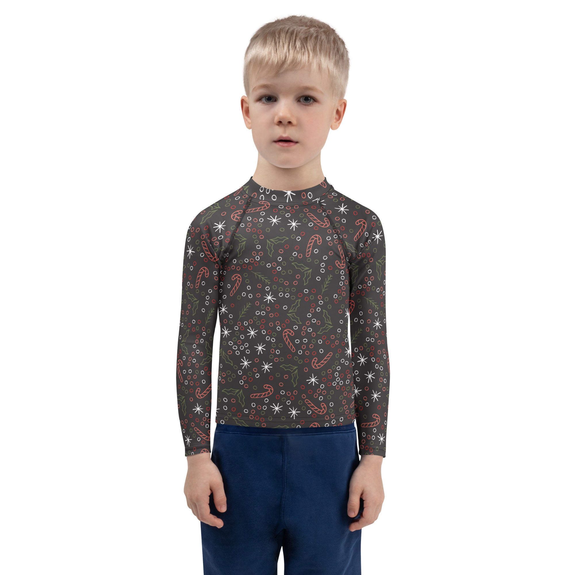 Dark gray kids long-sleeved rash guard with red candy canes white snowflakes green holly leaves upf 50+ swim shirt