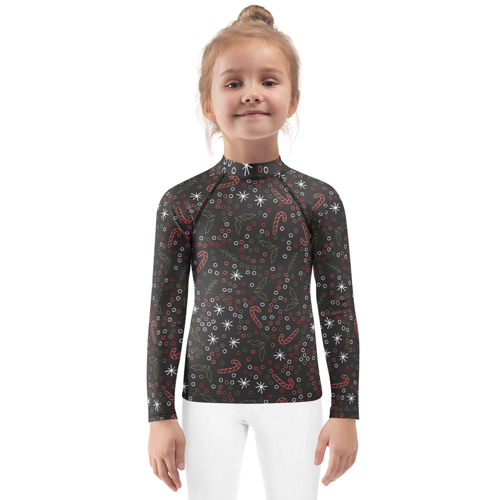 Black kids long sleeve rash guard with candy cane holly snowflake pattern upf 50 plus swim shirt