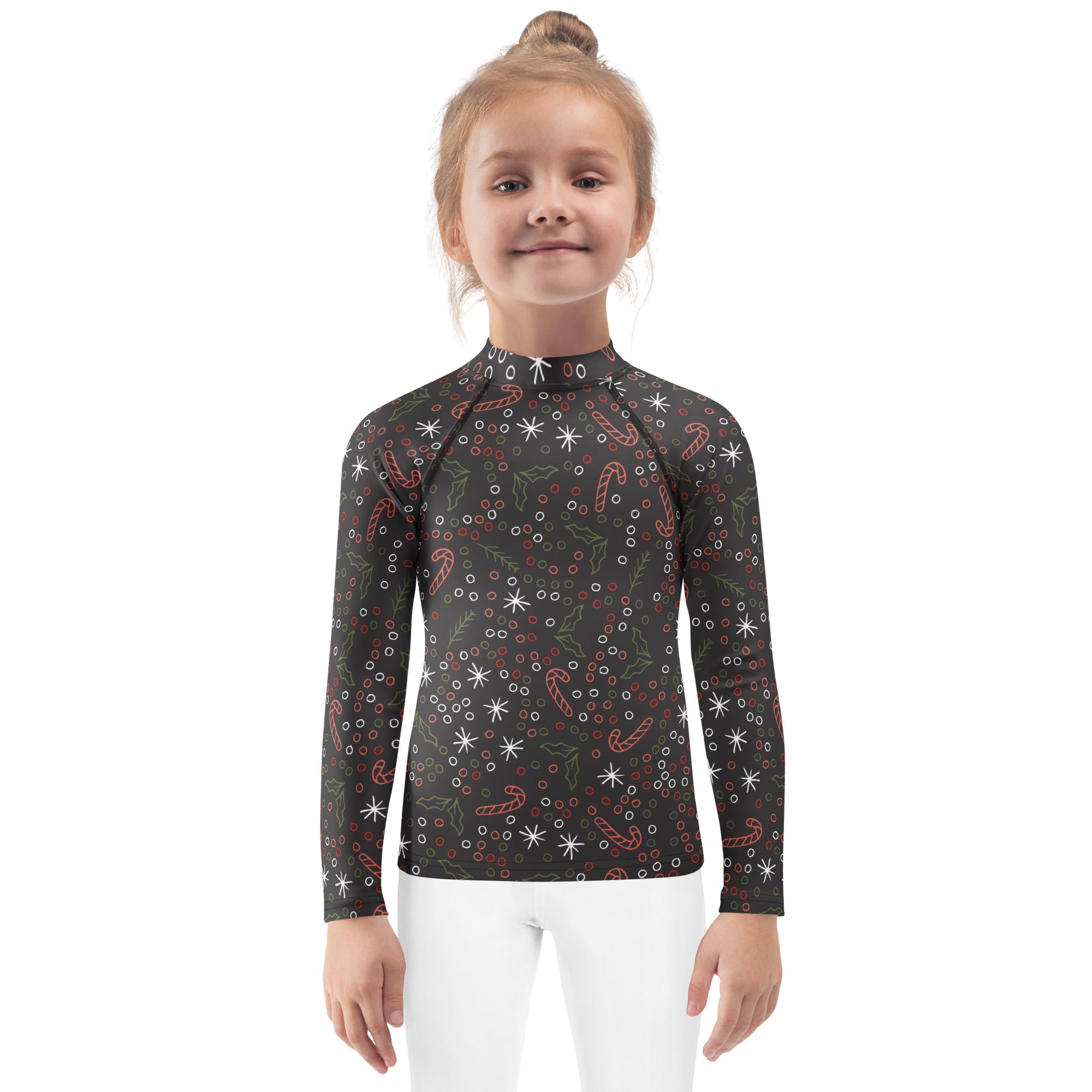 Black kids long sleeve rash guard with candy cane holly snowflake pattern upf 50 plus swim shirt