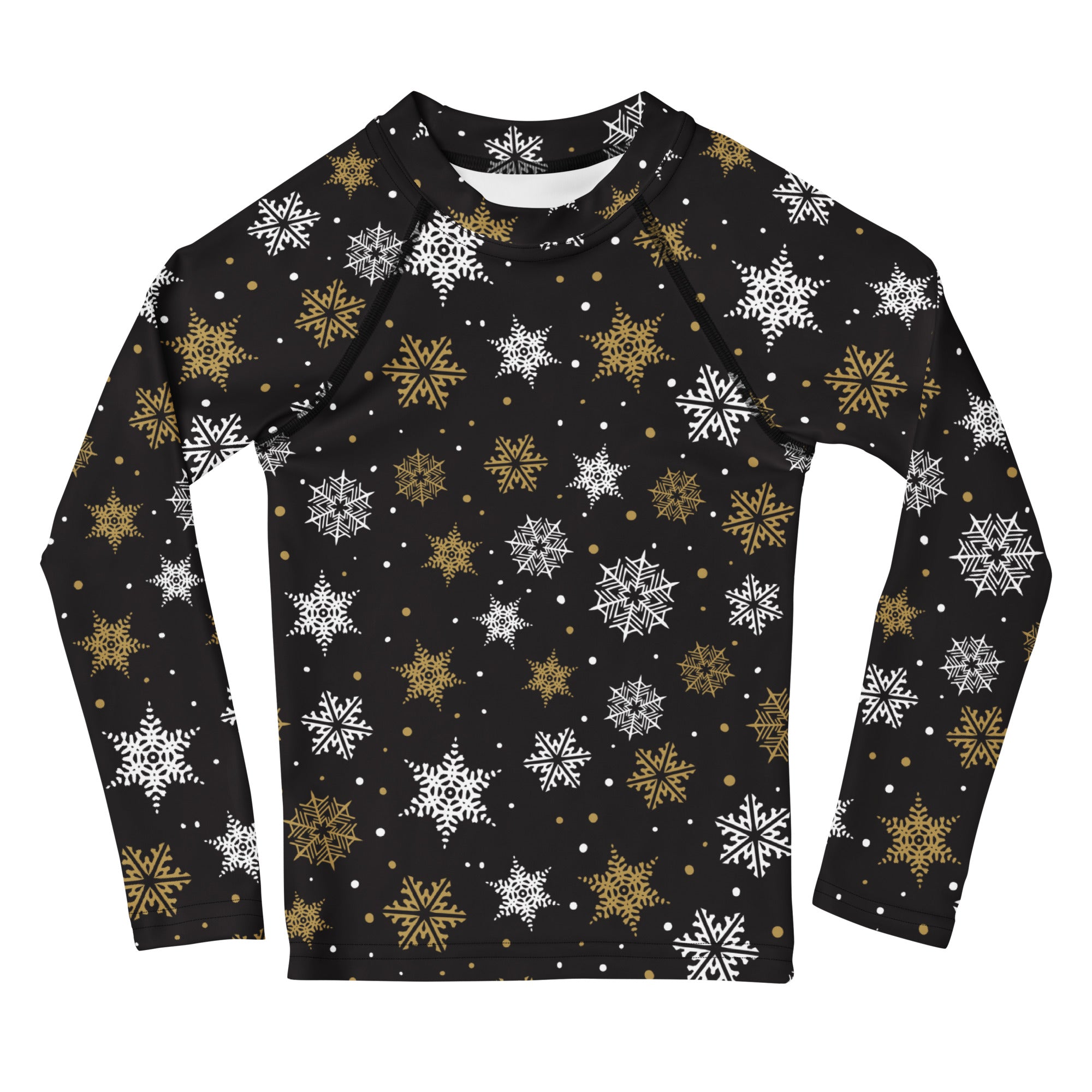 Black kids long sleeve rash guard with white and gold snowflake pattern and upf 50 plus for christmas swimwear