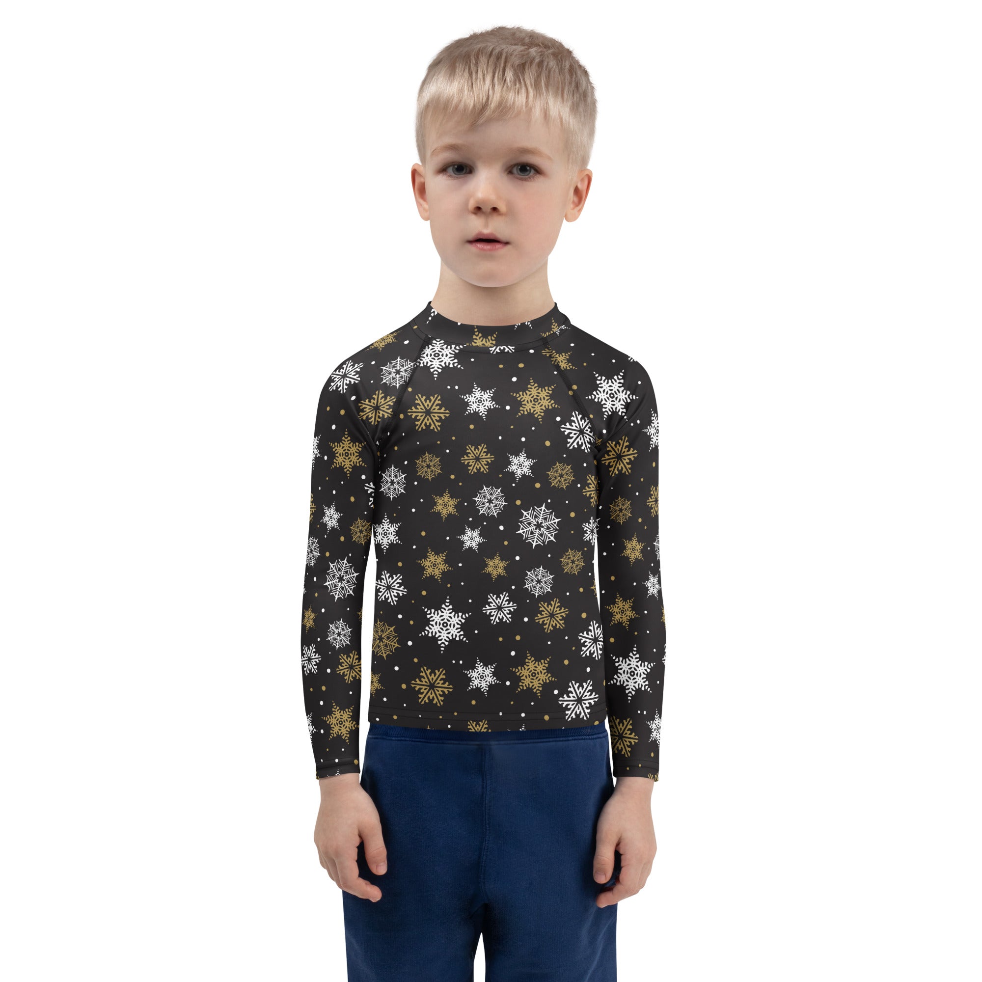 Black kids long sleeve rash guard with white and gold snowflakes pattern and UPF 50 plus for sun protection