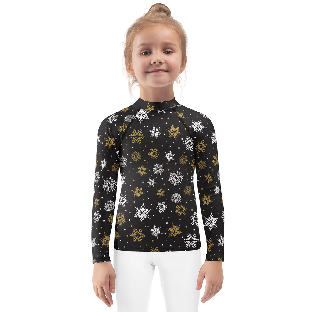 Kids long sleeve black rash guard with white and gold snowflake patterns upf 50 plus for swim protection