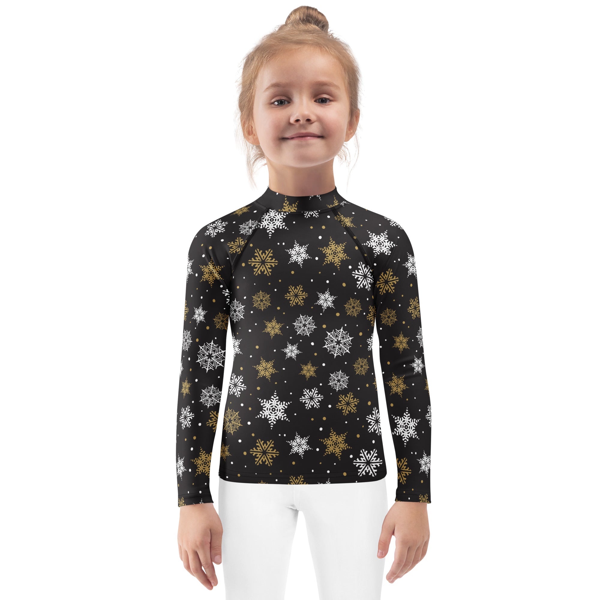 Kids long sleeve black rash guard with white and gold snowflake patterns upf 50 plus for swim protection