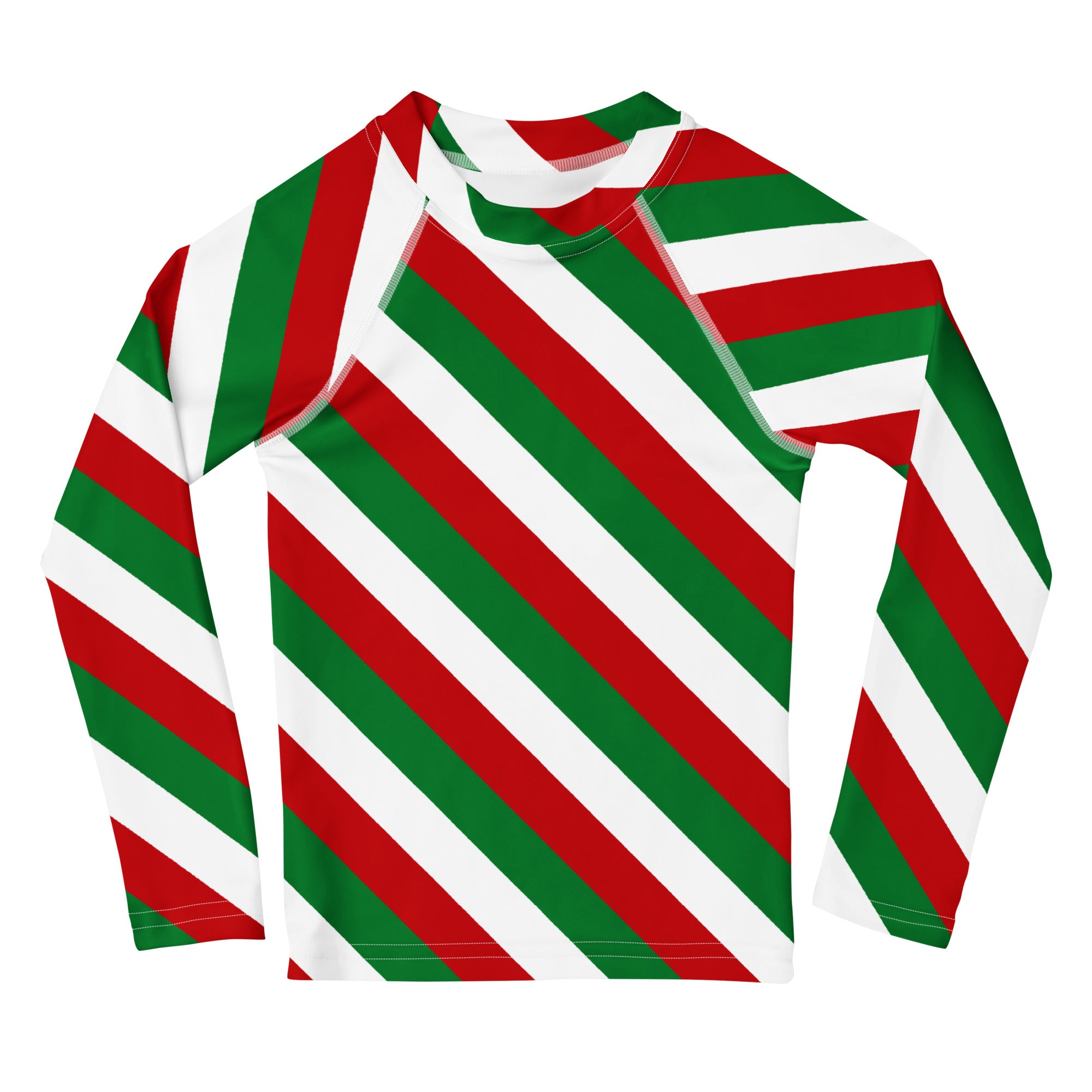 Kids bold candy cane stripe christmas long sleeve rash guard swim shirt with upf 50 featuring red green and white diagonal stripes