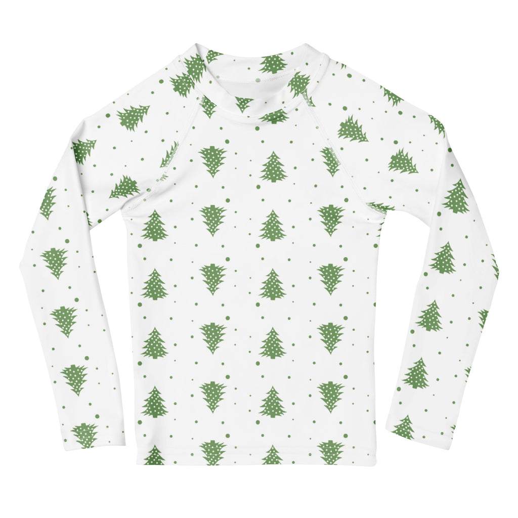 Kids christmas tree long sleeve rash guard swim shirt with upf 50 white with festive green pine tree pattern