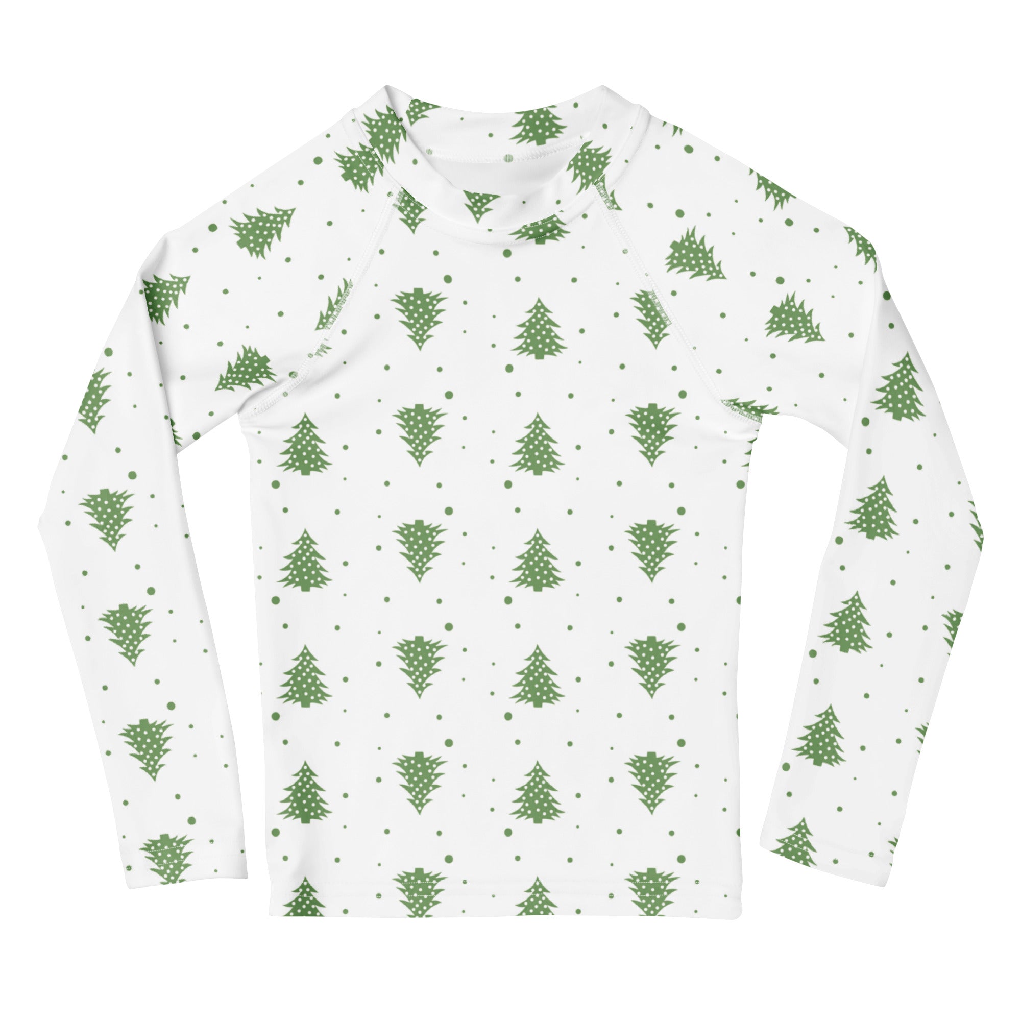 Kids christmas tree long sleeve rash guard swim shirt with upf 50 white with festive green pine tree pattern