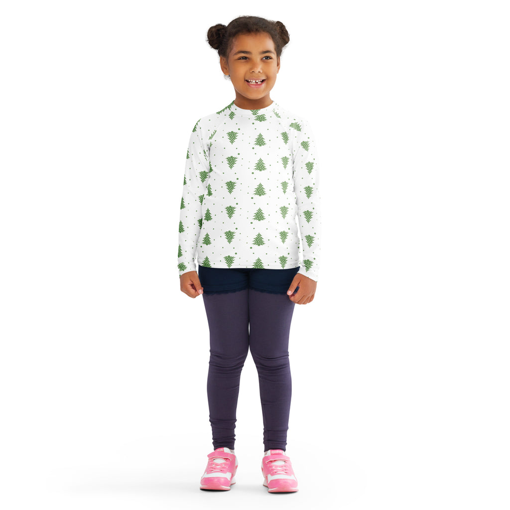 Kids christmas tree long sleeve rash guard swim shirt in white with green pine tree pattern and upf 50+ protection