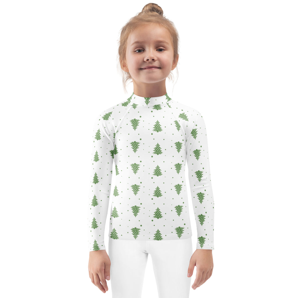 Kids white long sleeve high neck rash guard shirt with green pine tree dot pattern and UPF 50 plus for swimming