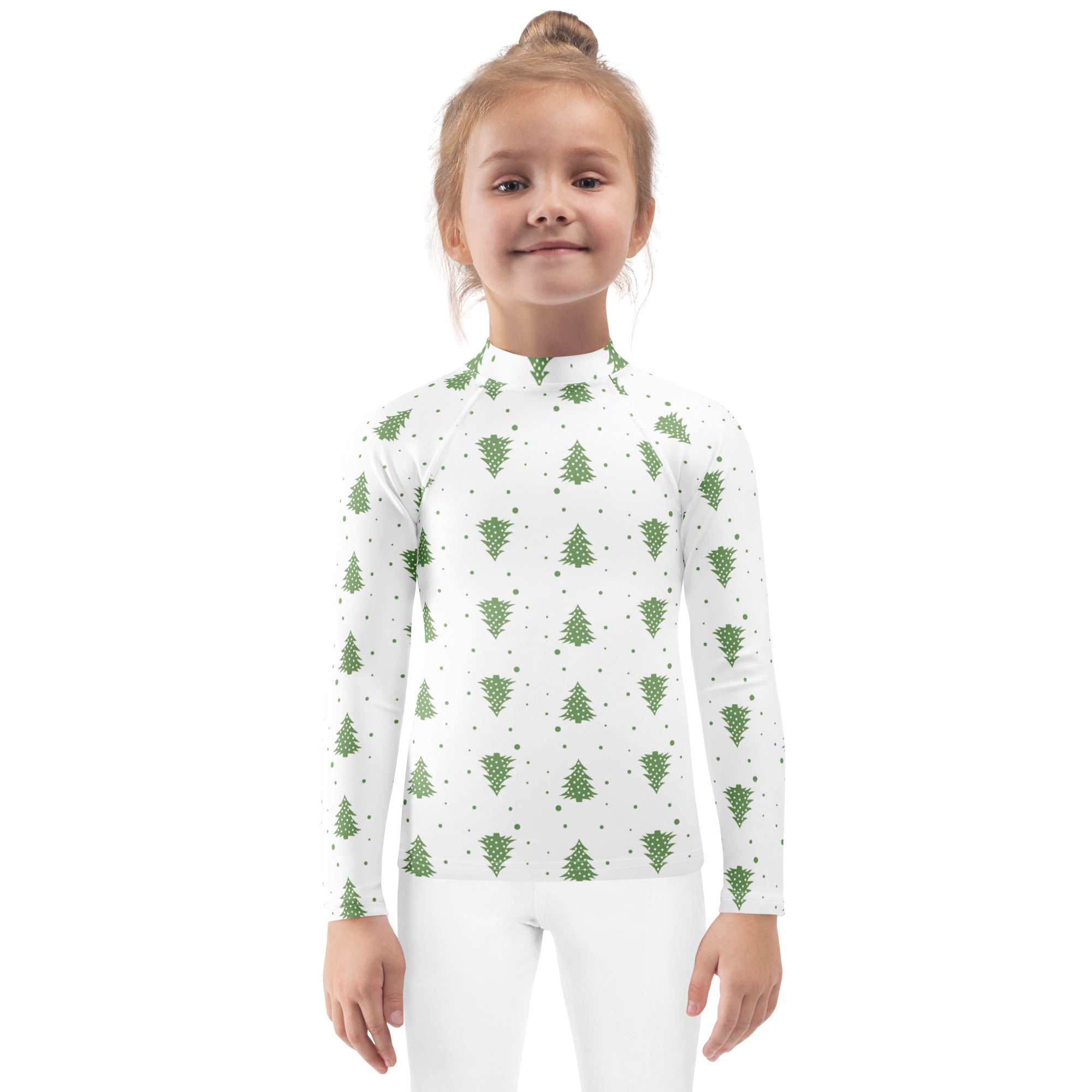 Kids white long sleeve high neck rash guard shirt with green pine tree dot pattern and UPF 50 plus for swimming
