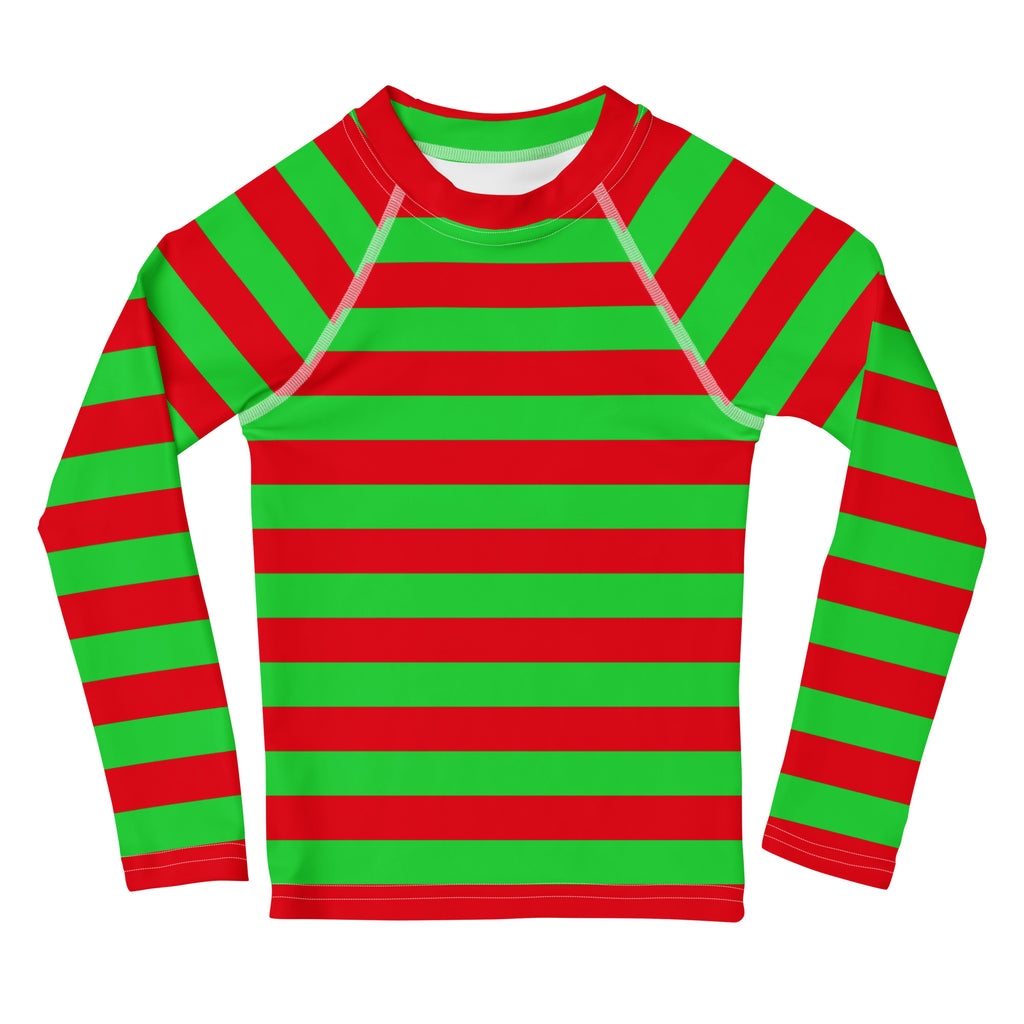 Kids red and green striped long sleeve rash guard swim shirt with UPF 50 plus and reinforced shoulder seams