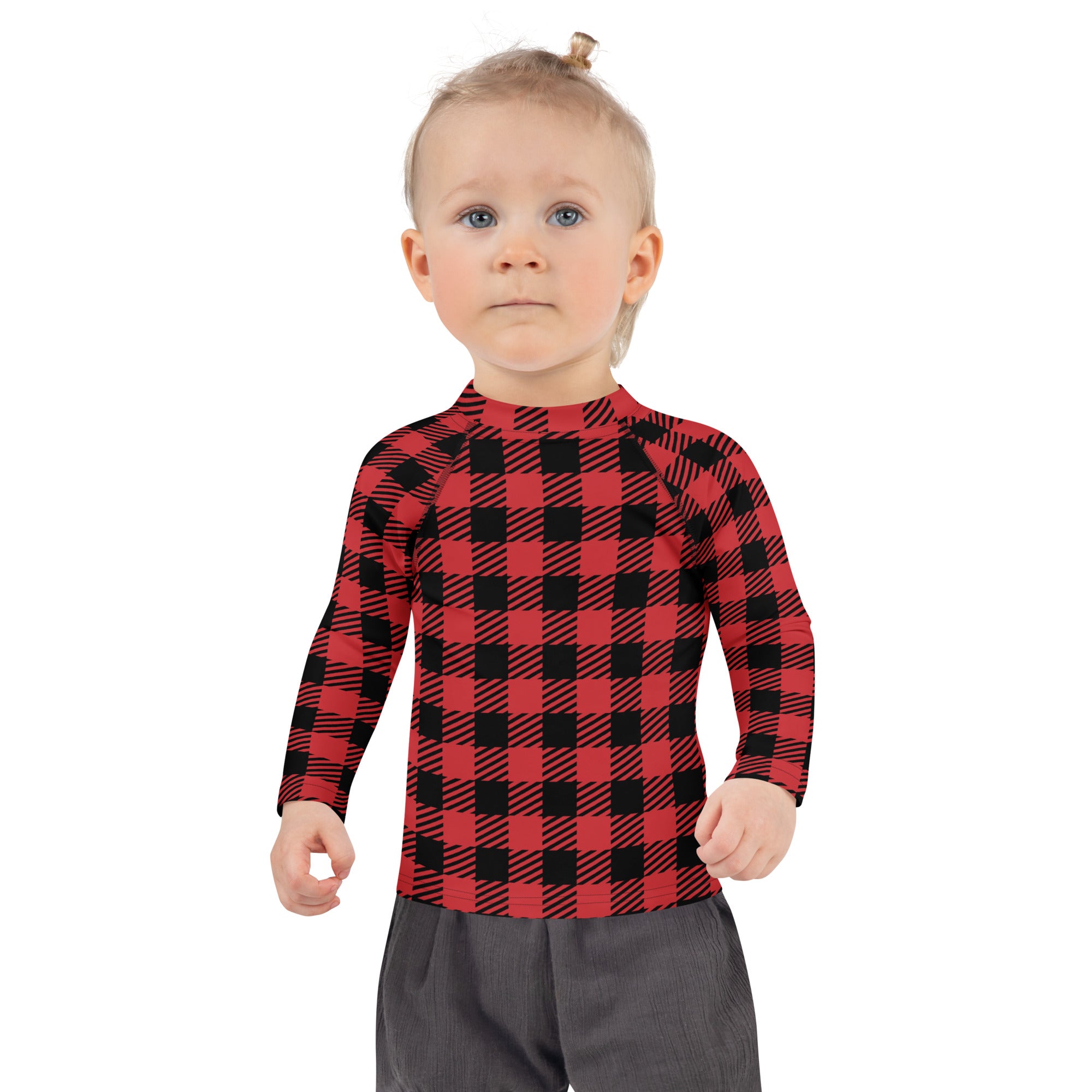 Kids red and black buffalo plaid long sleeve rash guard swim shirt with upf 50 plus for sun protection