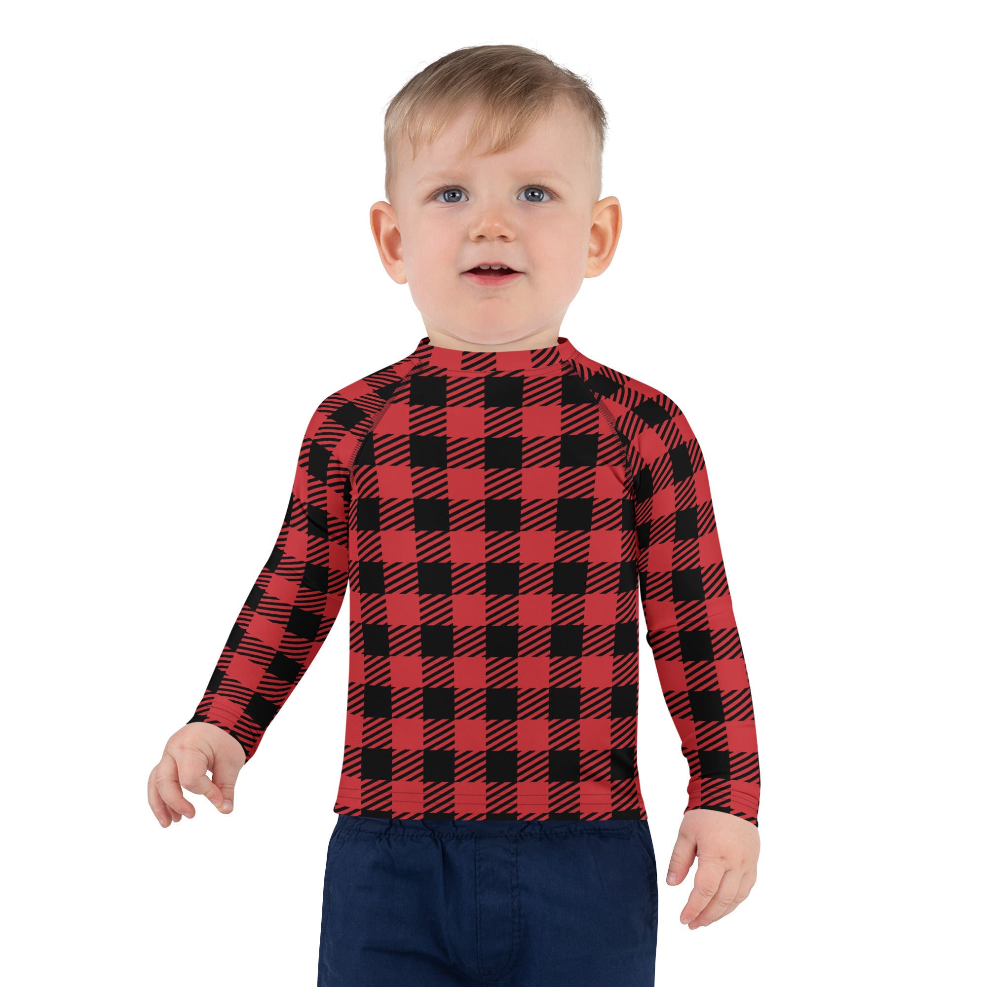 Kids red buffalo plaid long sleeve rash guard swim shirt with upf 50 plus for sun protection and Christmas wear