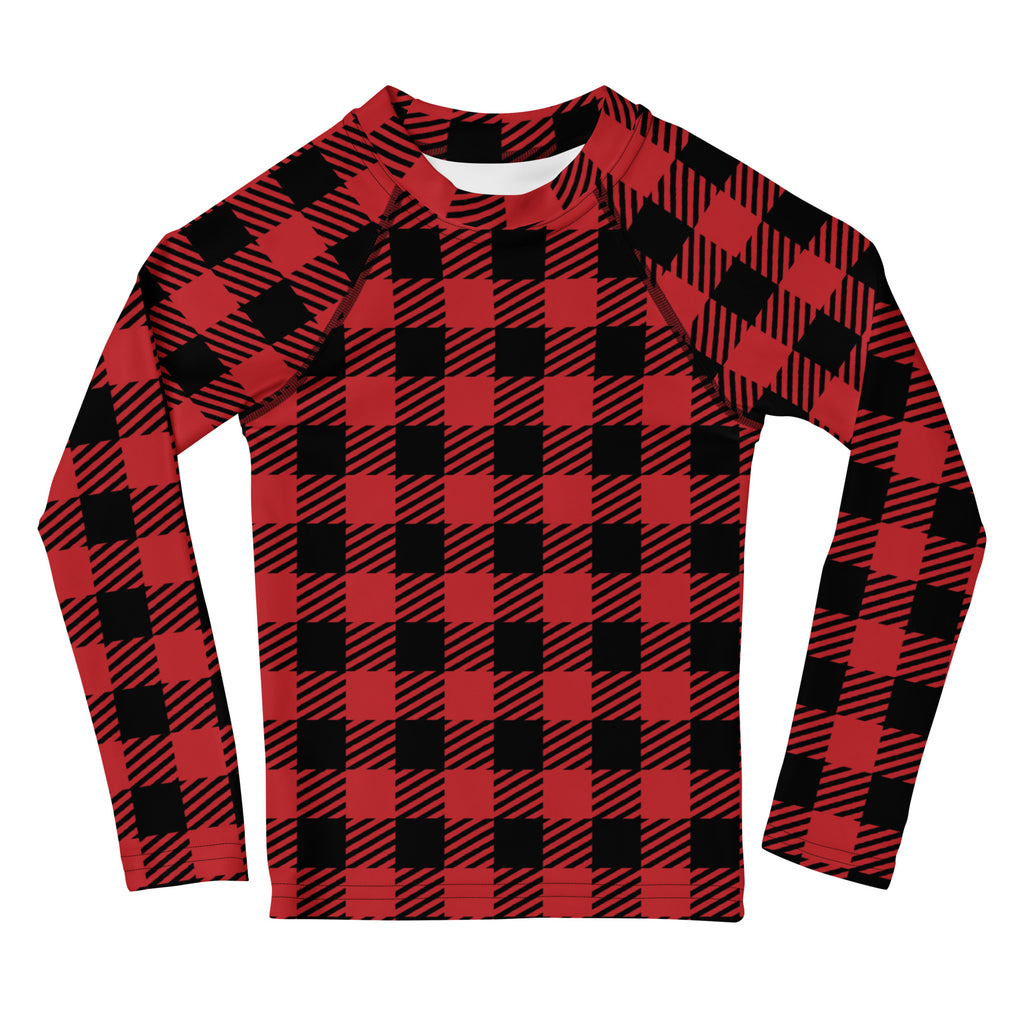 Kids red and black plaid long sleeve rash guard swim shirt with UPF 50 plus for Christmas and sun protection