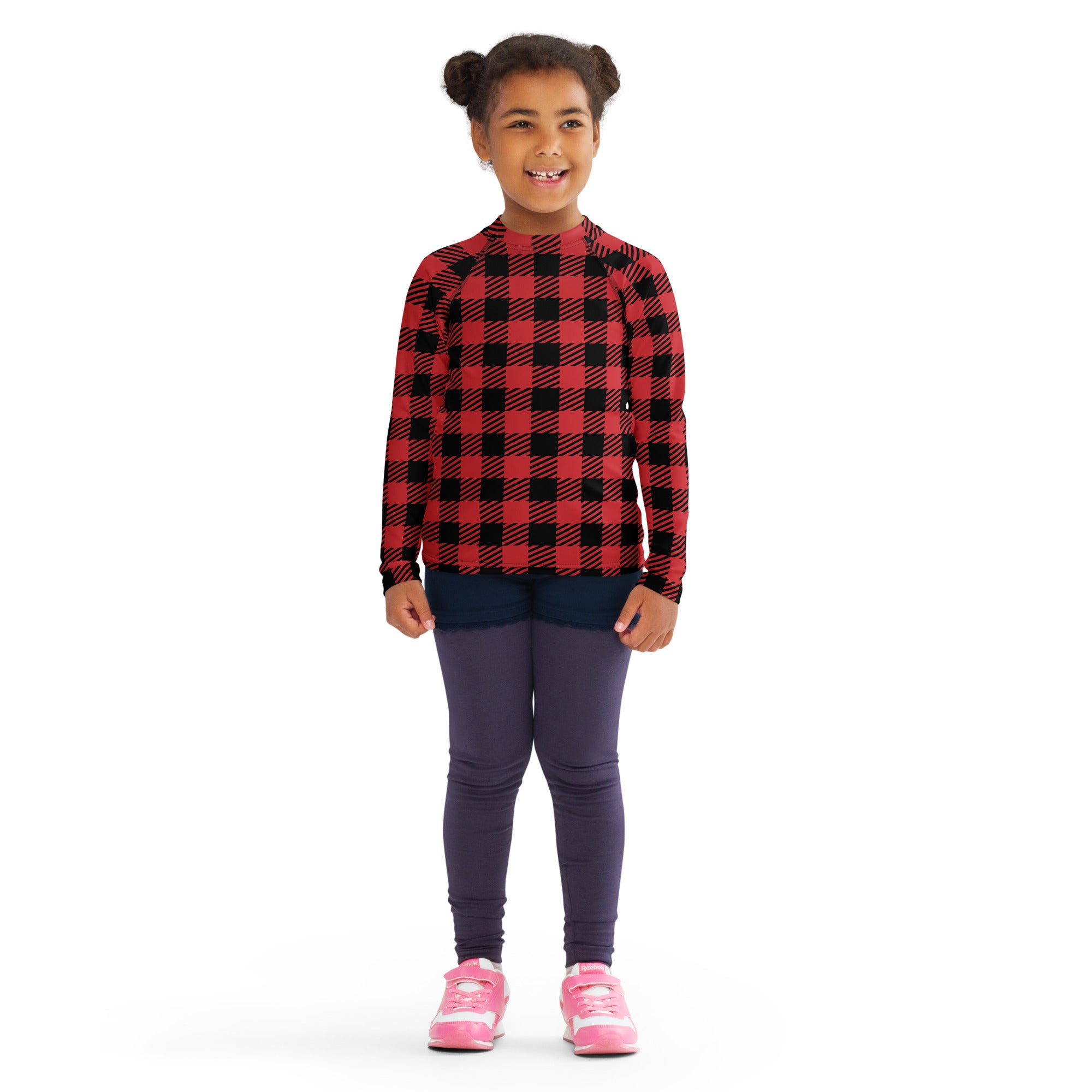 Kids red and black plaid long sleeve rash guard swim shirt with upf 50+ for christmas outdoor use