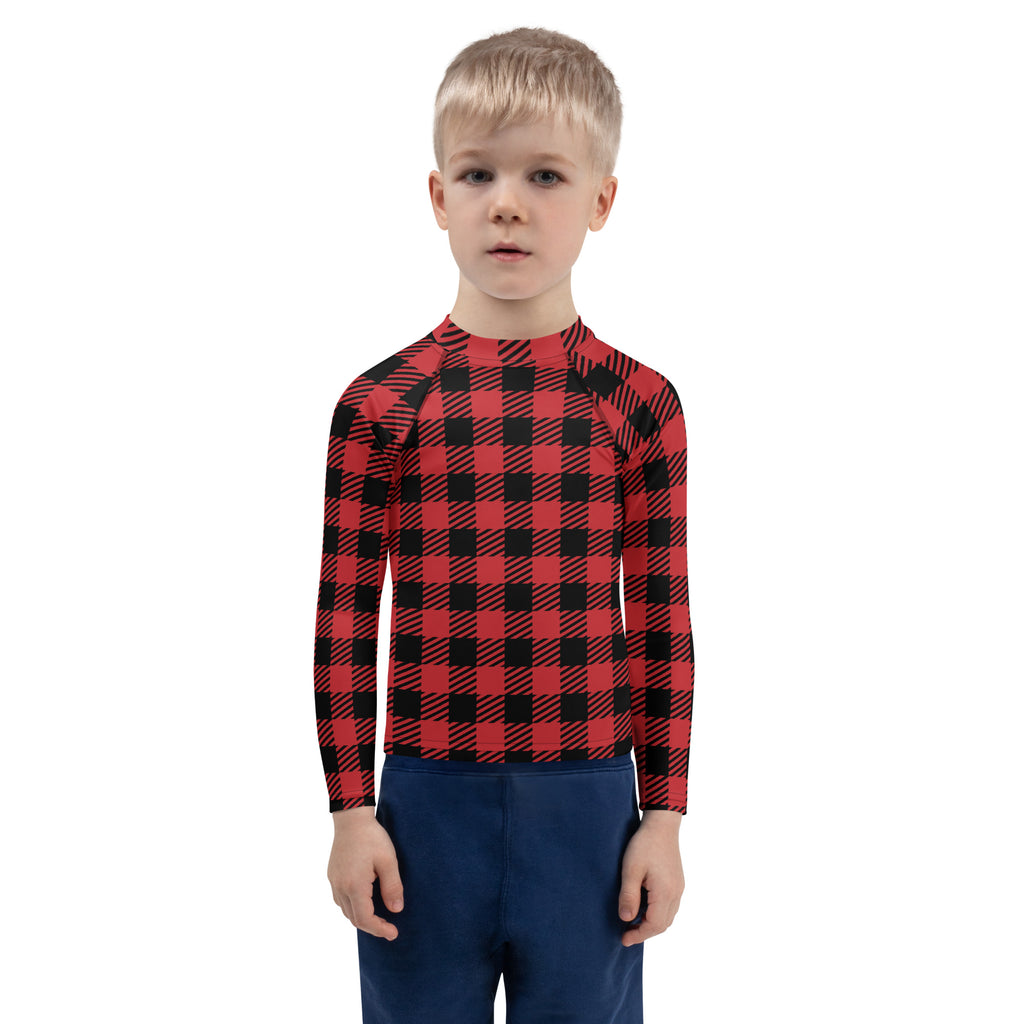 Kids red buffalo plaid long sleeve rash guard swim shirt with upf 50 plus for sun protection
