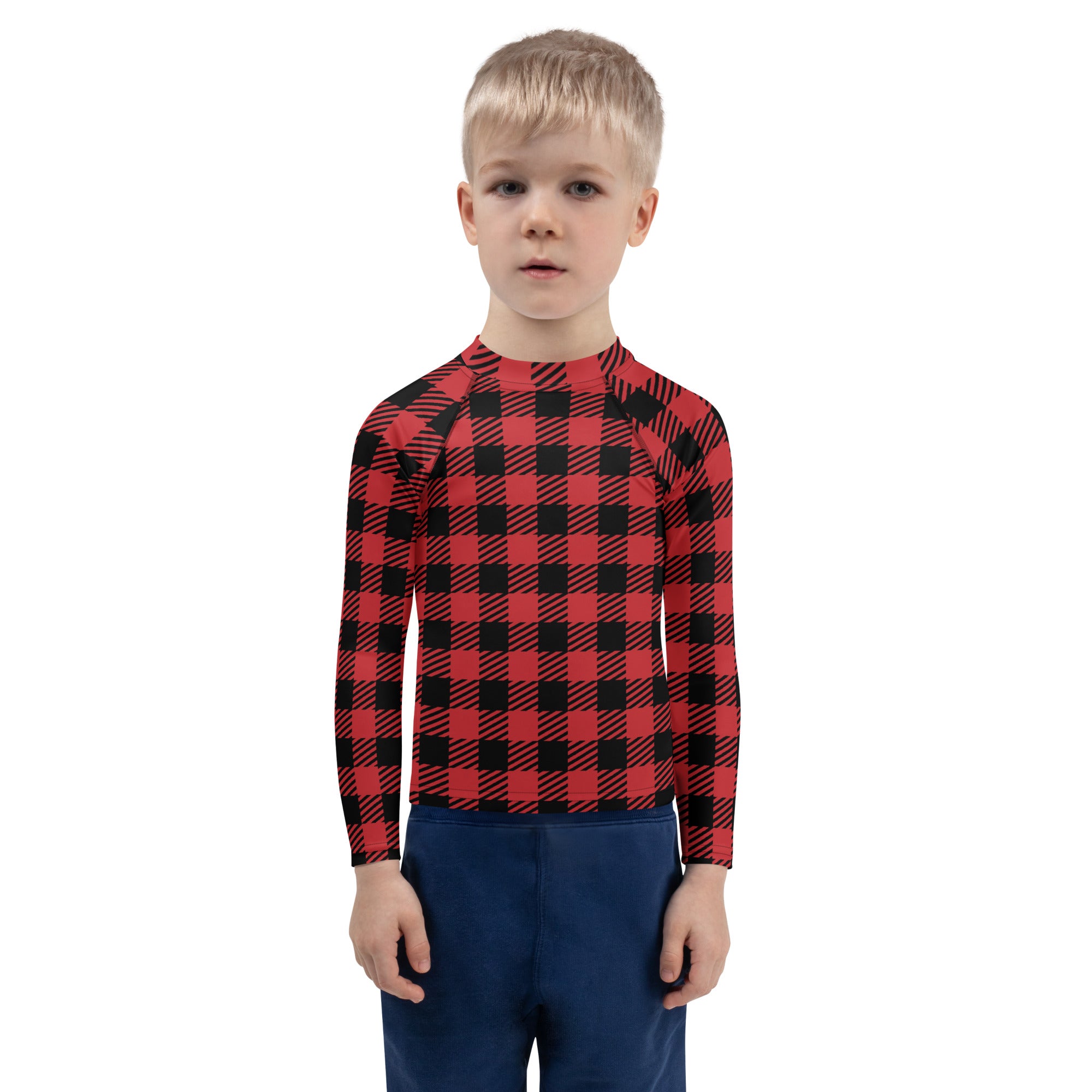 Kids red buffalo plaid long sleeve rash guard swim shirt with upf 50 plus for sun protection