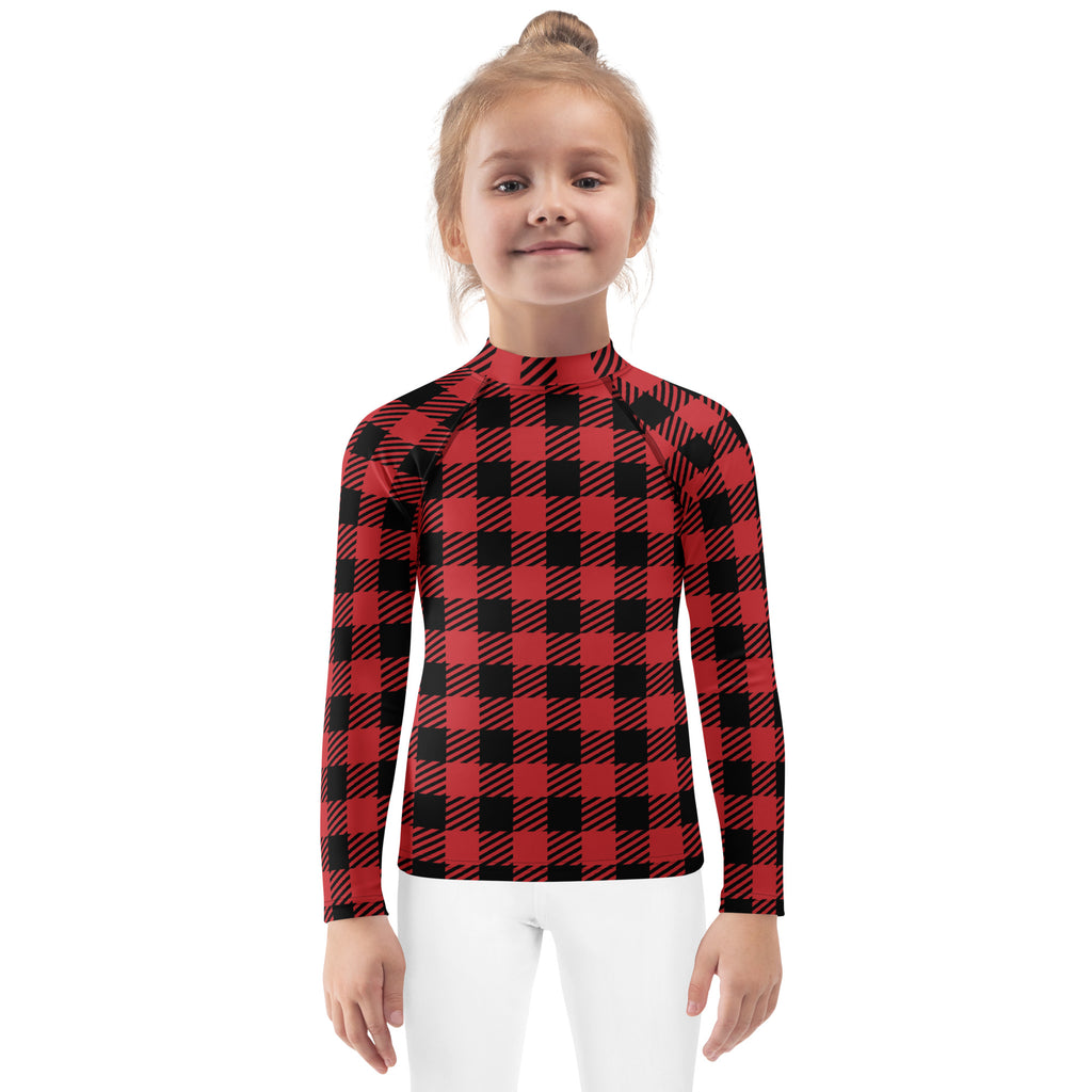 Kids red buffalo plaid long sleeve rash guard swim shirt with upf 50 plus for sun protection and comfort