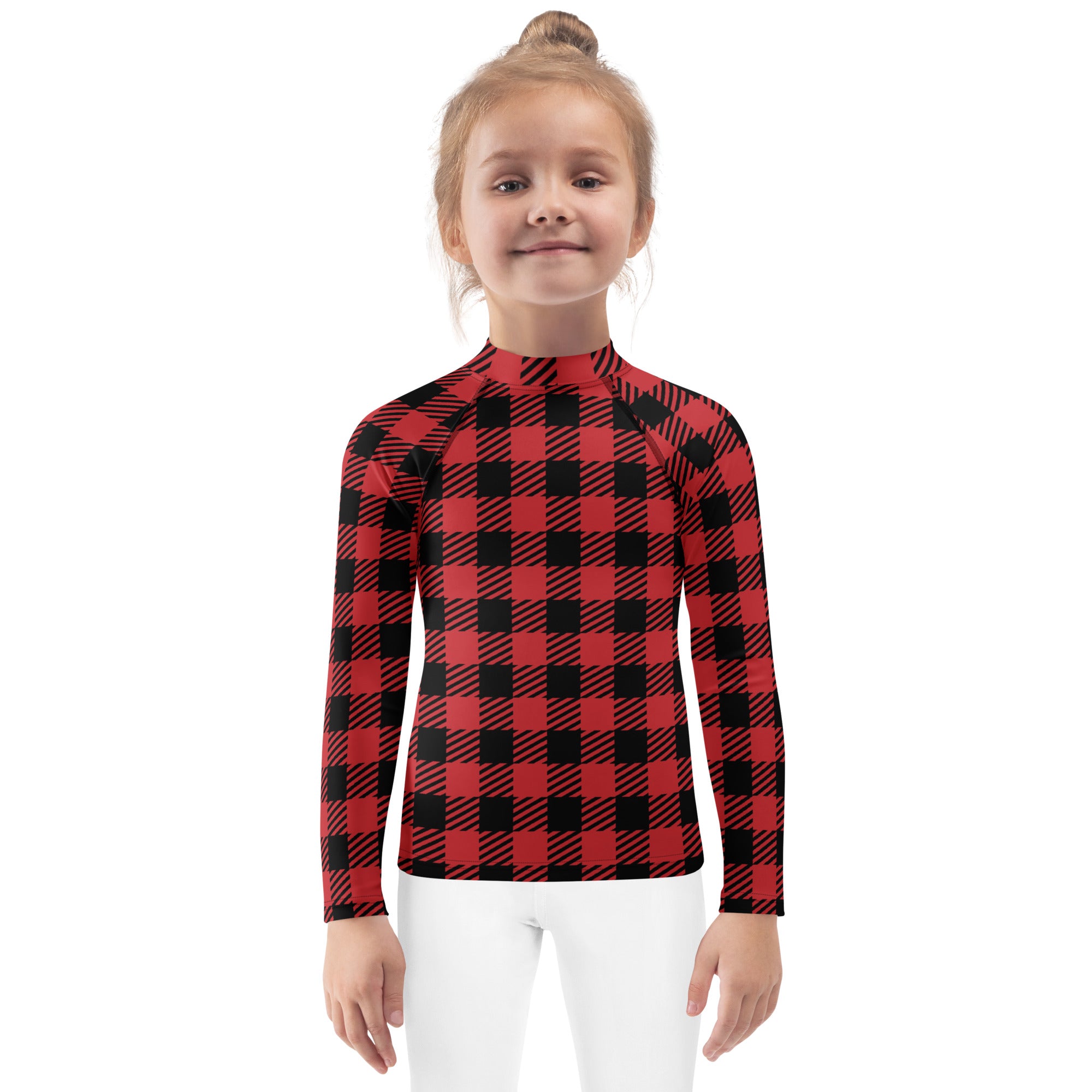 Kids red buffalo plaid long sleeve rash guard swim shirt with upf 50 plus for sun protection and comfort